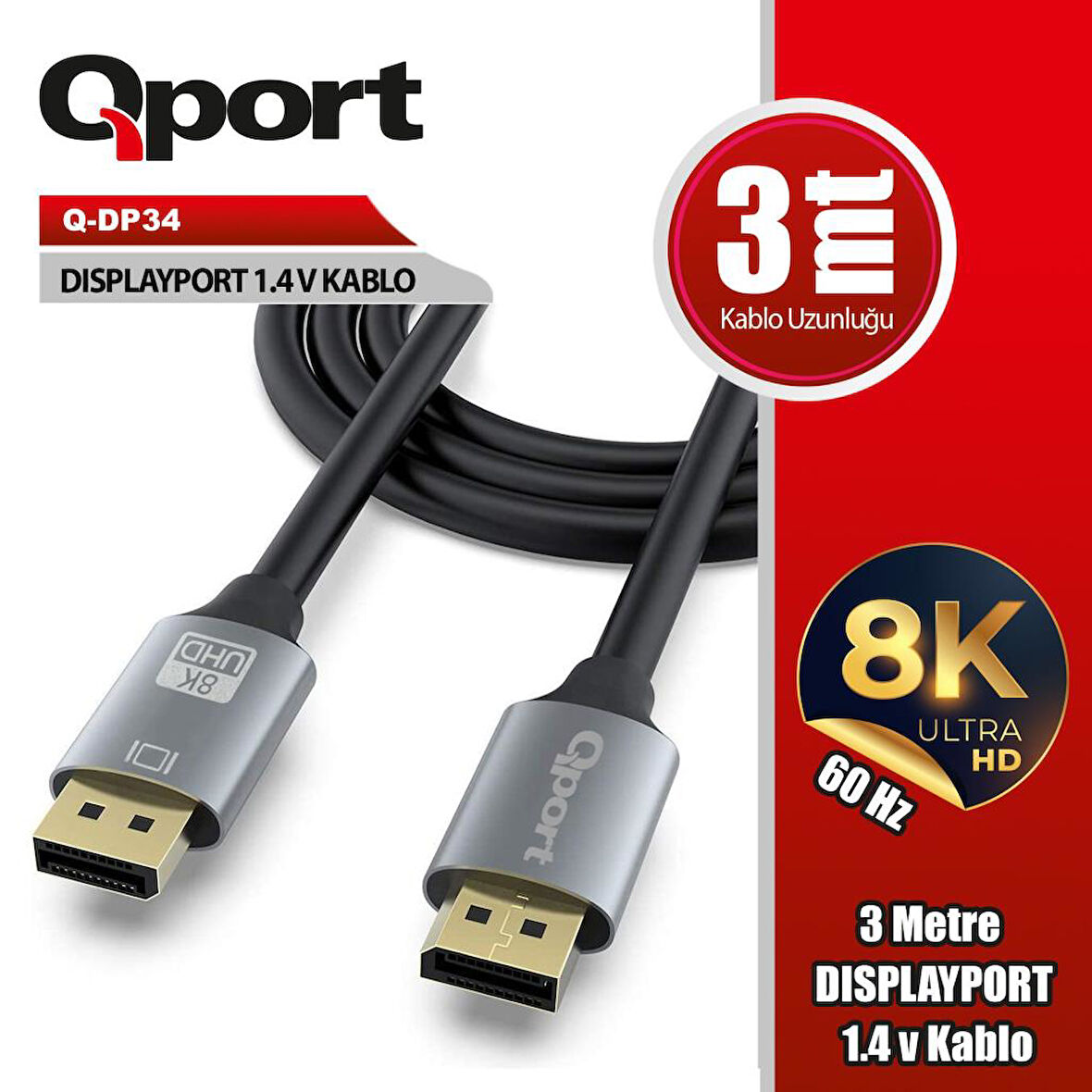 Qport Q-DP34 3m Displayport 1,4V kablo