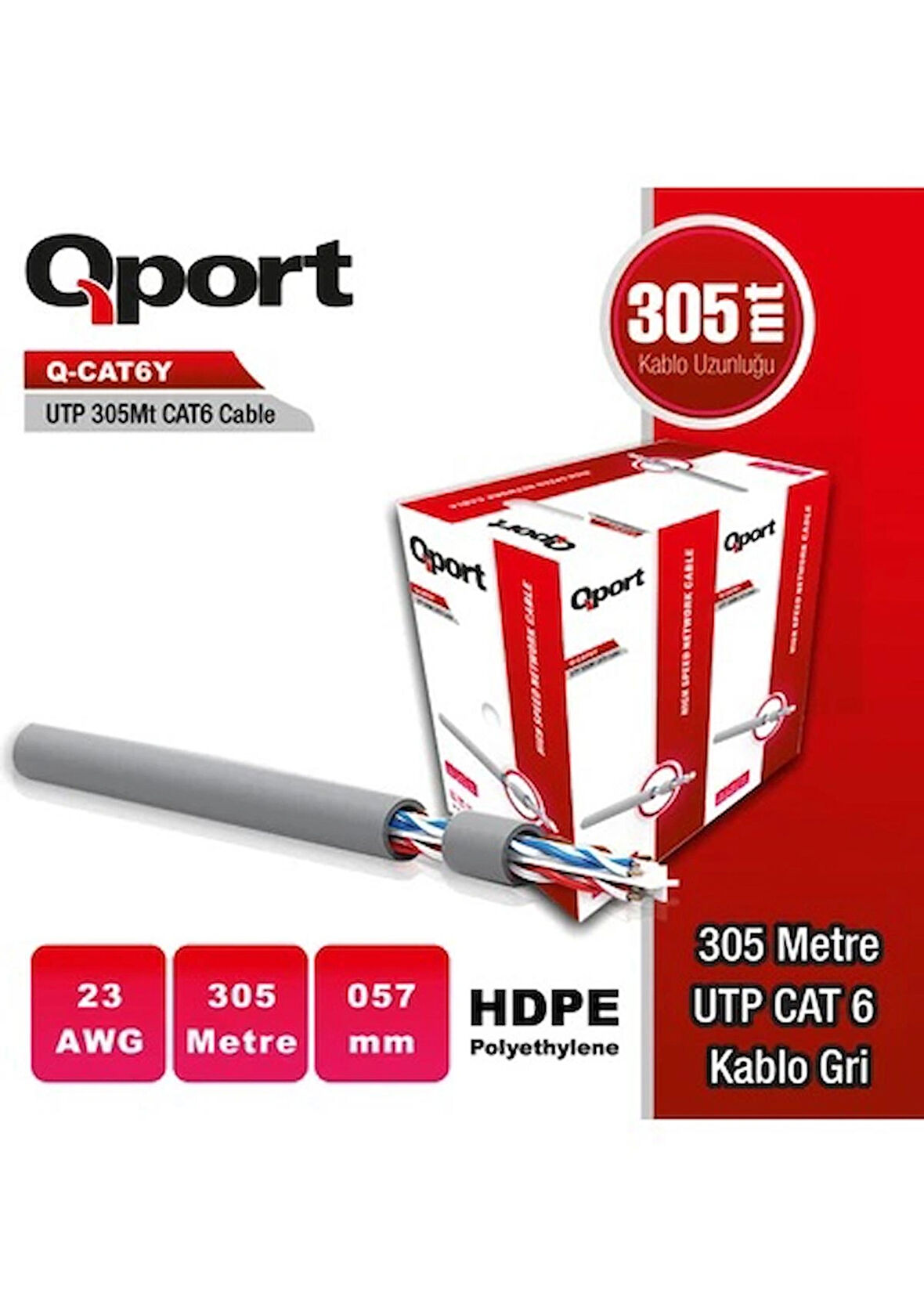 QPORT Q-CAT6Y 305 METRE CAT6 UTP 23AWG 0,57MM PE NETWORK AĞ KABLOSU GRİ