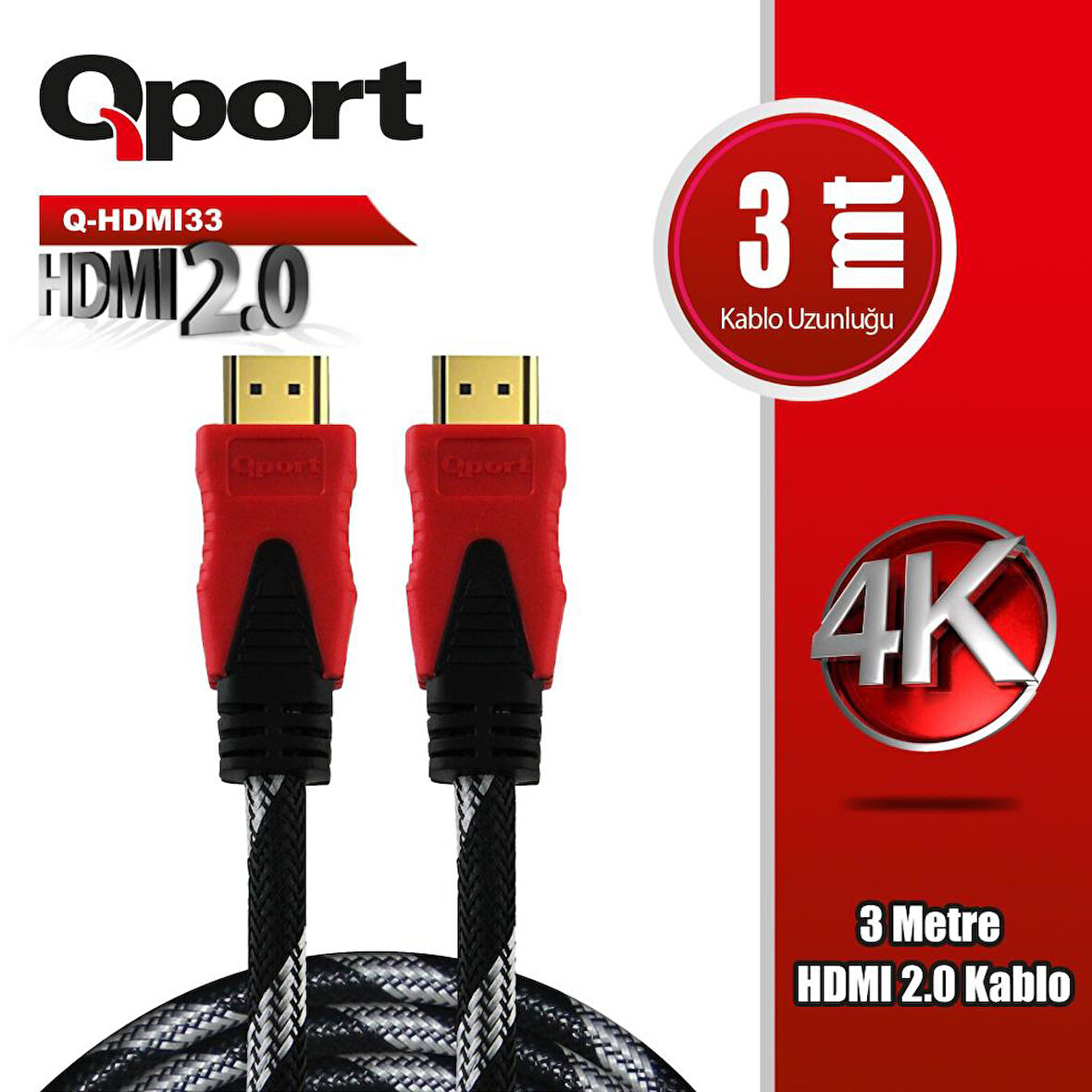 Qport Q-HDMI33  3m 2.0V 4K altın uçlu örgülü kablo