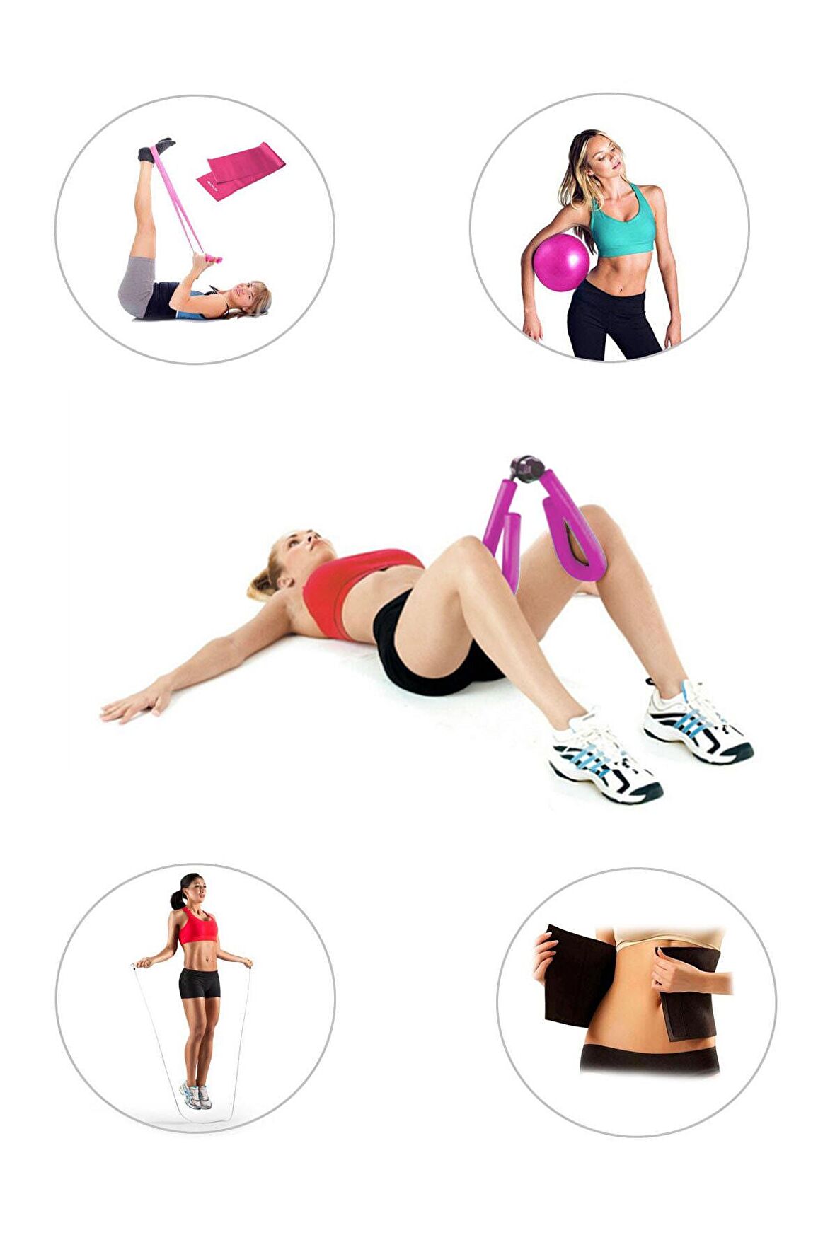 Spor Byfit Kol, Bacak, Basen Sıkılaştırıcı Alet Pembe + Denge Topu + Band + Atlama Ip + Termal Kemer - 5'li Set