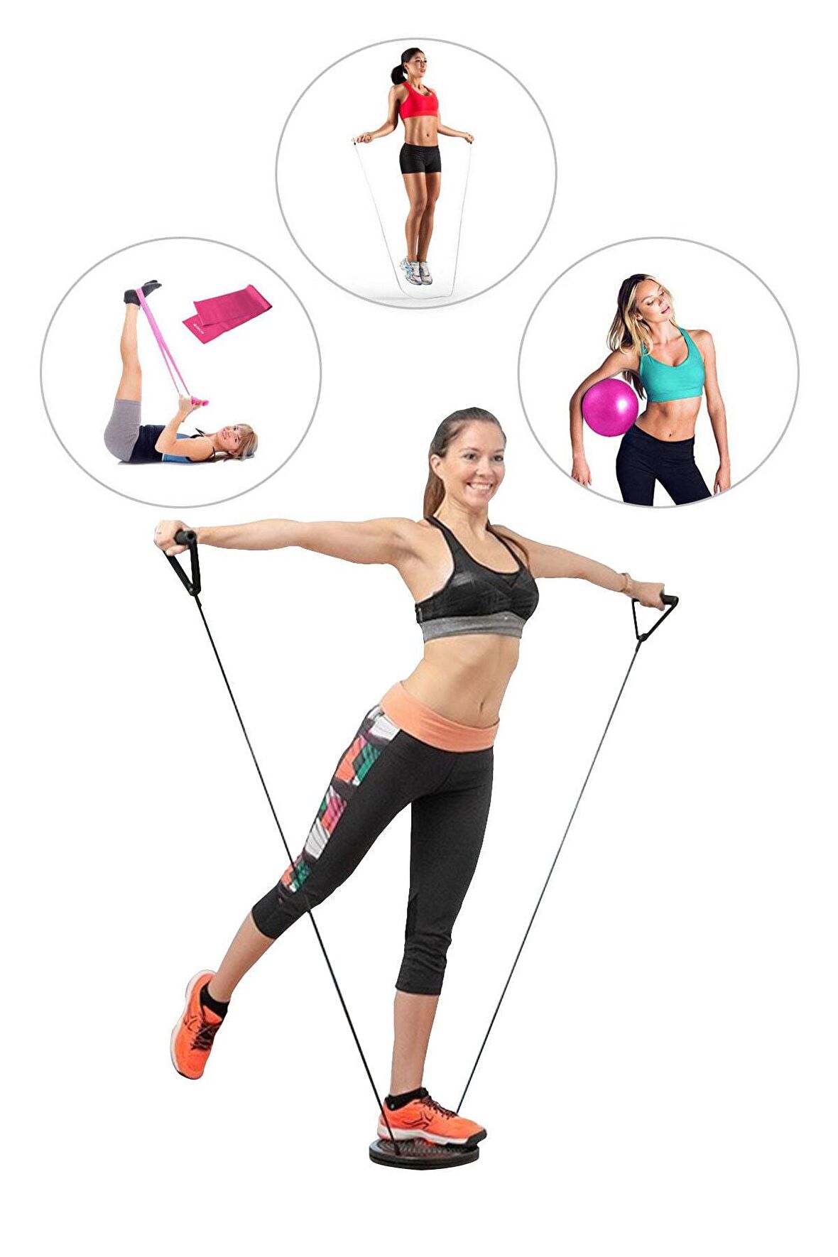 Spor Byfit Çekme Lastikli Bel Inceltici Twister + Denge Topu + Pilates Bandı + Atlama Ipi - 4'lü Set