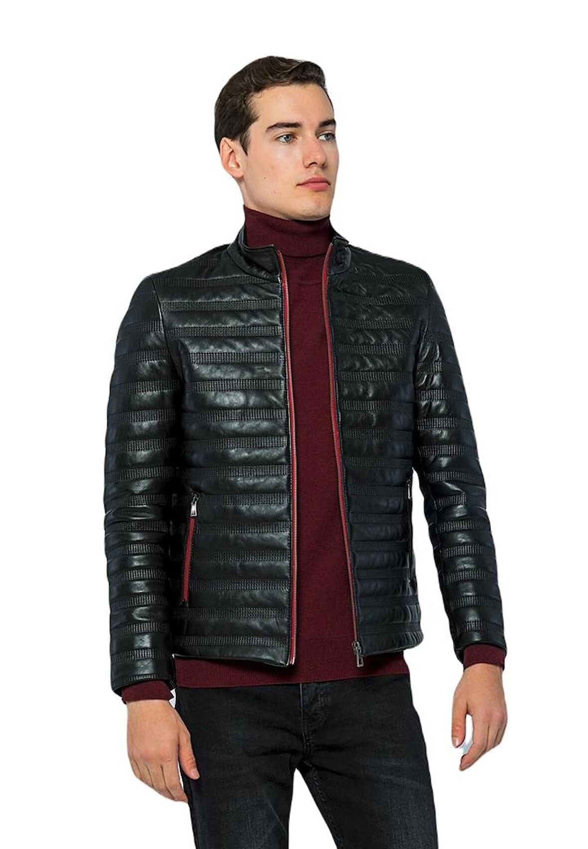 Basics&More Erkek Dik Yaka Hakiki Deri Ceket - UZ01