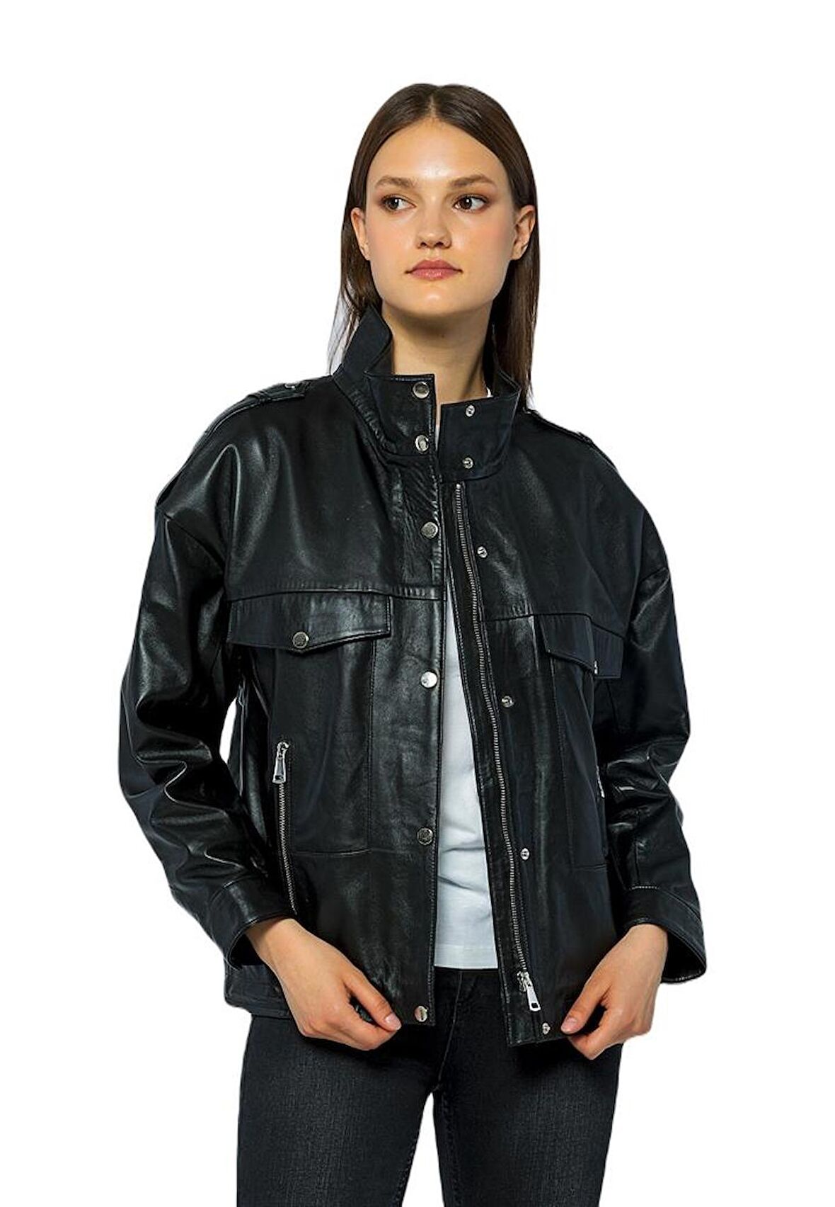 Basics&More Kadın Hakiki Deri Ceket - Oversize 