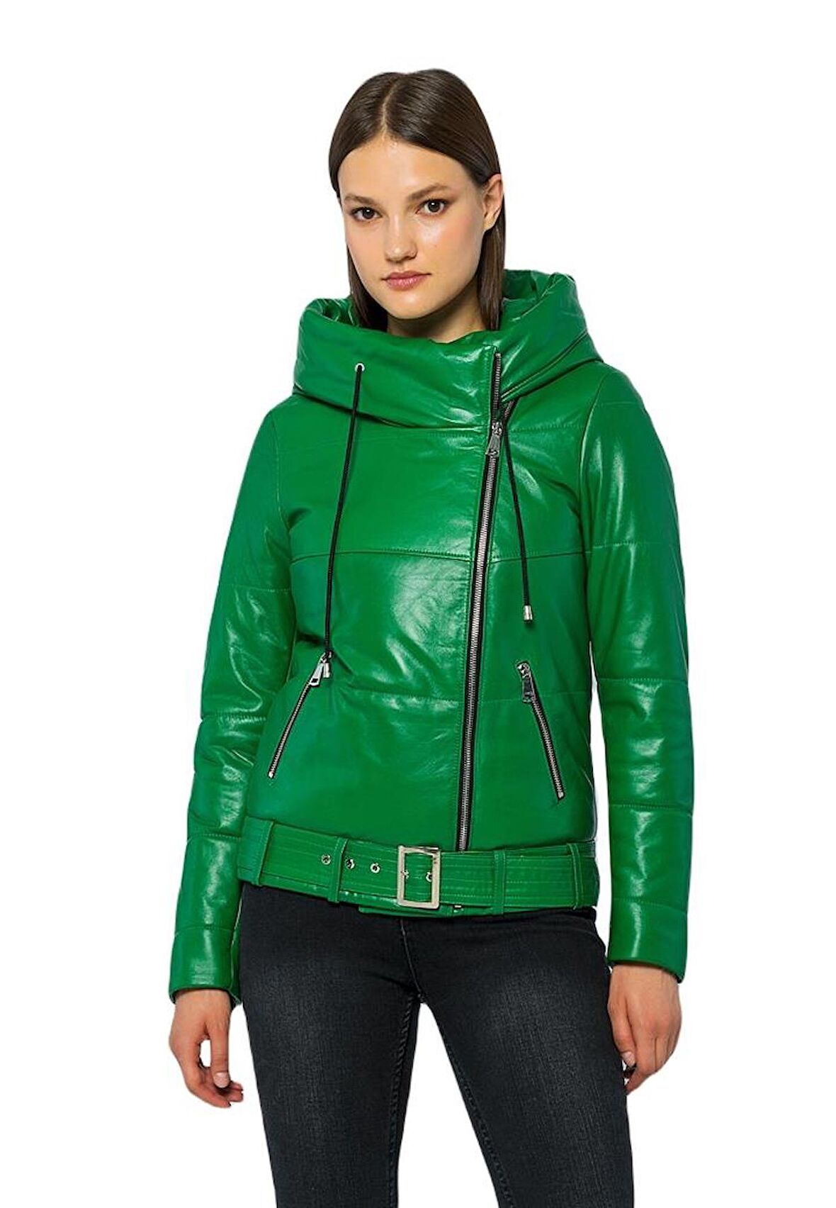 Basics&More Kadın Kapüşonlu Şişme Hakiki Deri Ceket - ELLE