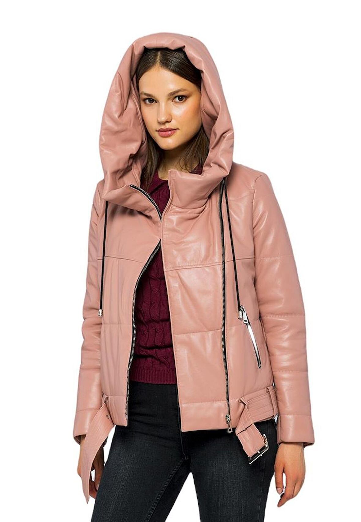 Basics&More Kadın Kapüşonlu Şişme Hakiki Deri Ceket - ELLE