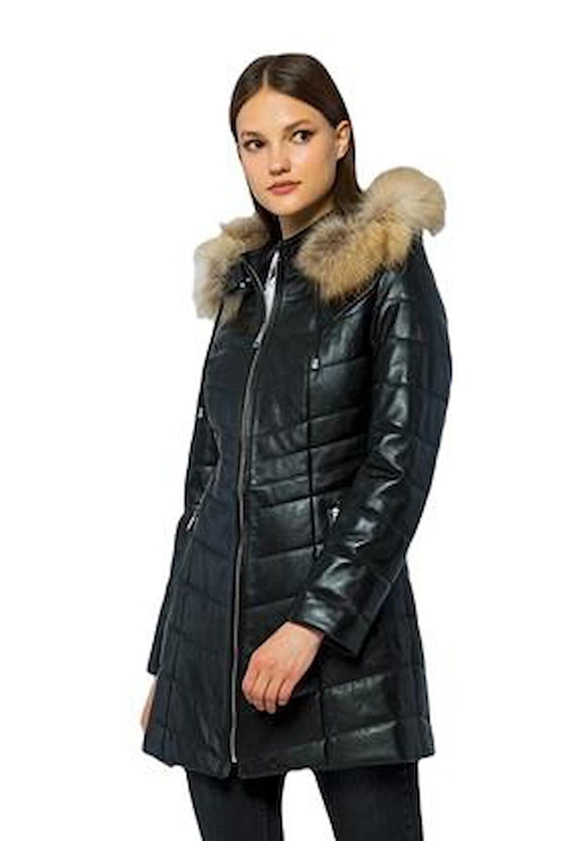 Basics&More Kadın Kürklü Kapüşonlu Deri Ceket BDR020