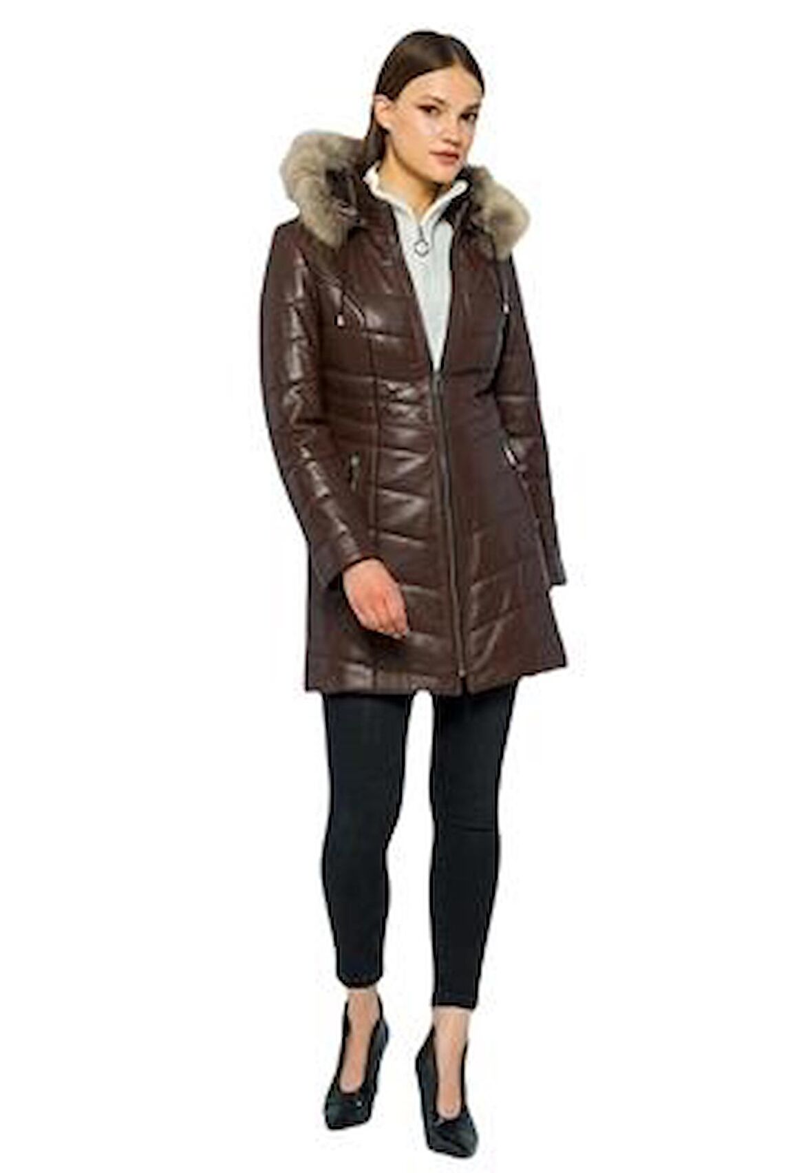 Basics&More Kadın Kürklü Kapüşonlu Deri Ceket BDR020