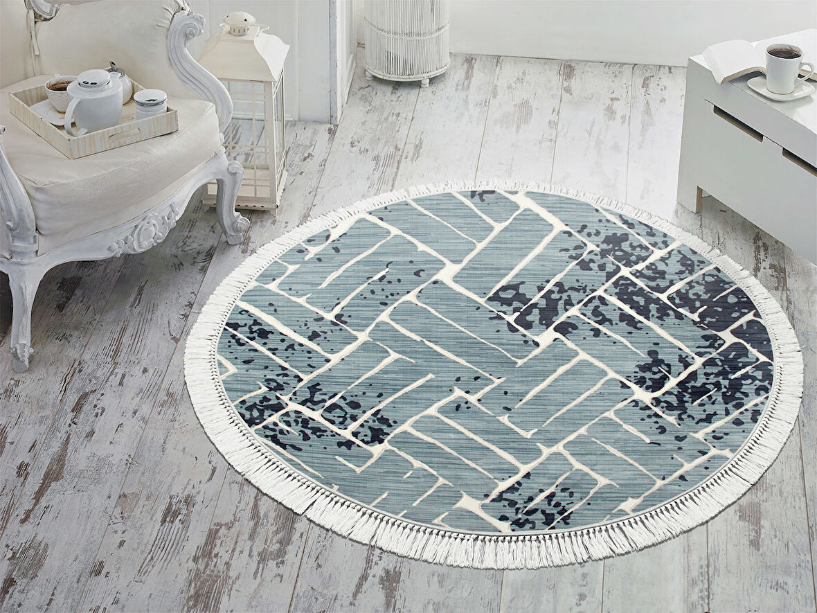 Dekoreko İnci Halı Dijital Saçaklı Yuvarlak 1904