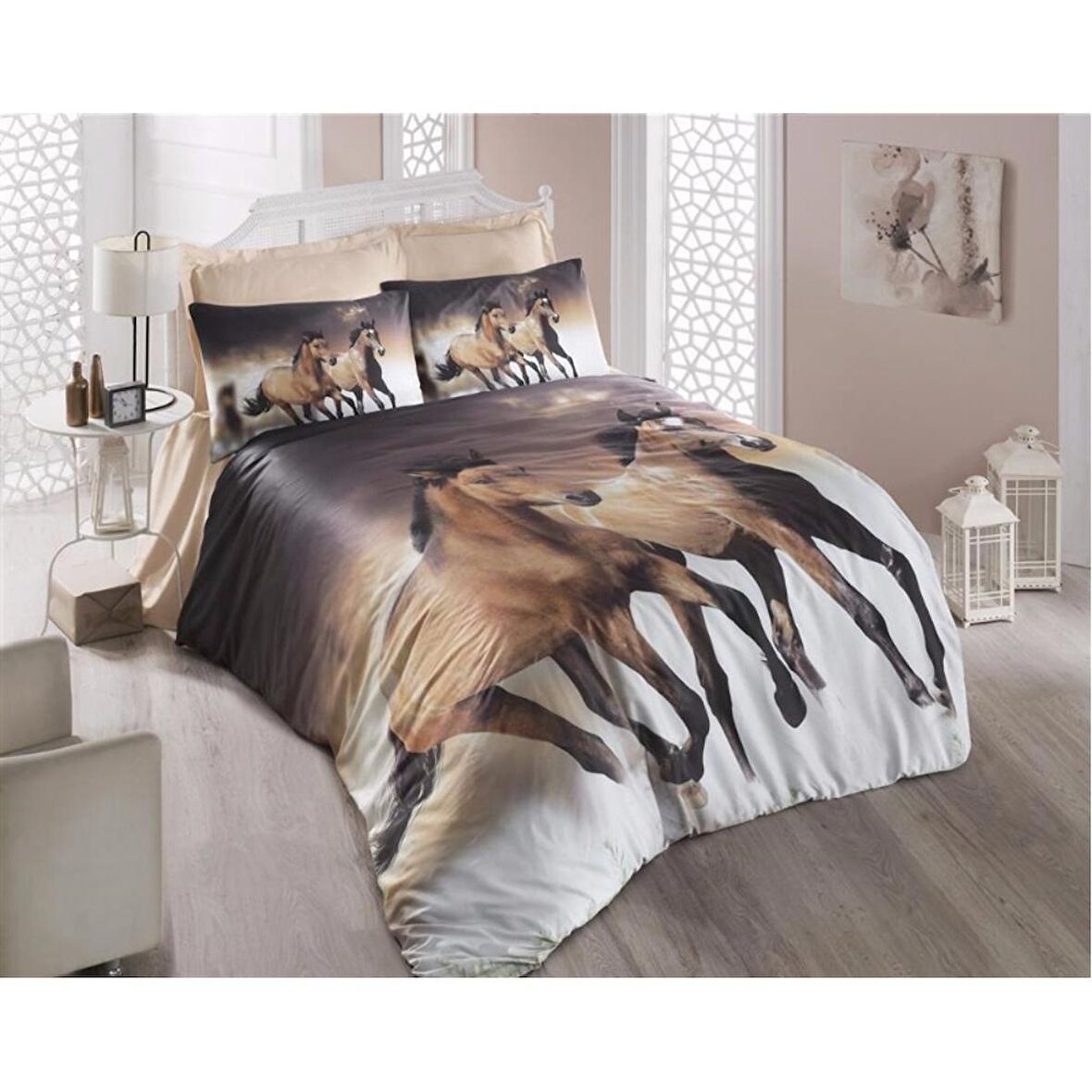 Komfort Home 3D Çift Kişilik Pamuk Saten Nevresim Takımı (Horse)