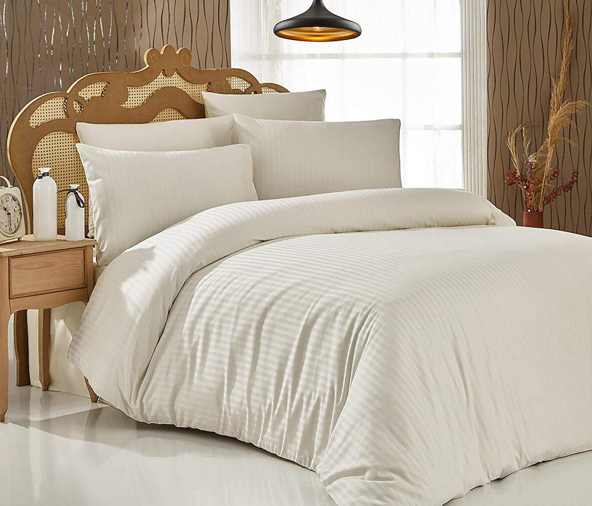 Komfort Home Çift Kişilik Çizgili Pamuk Saten Nevresim Seti (Krem)