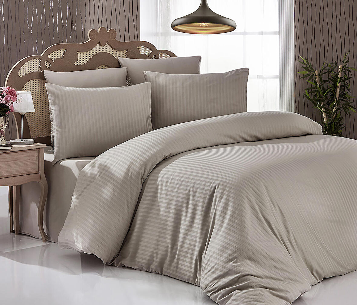 Komfort Home Çift Kişilik Çizgili Pamuk Saten Nevresim Seti (Sütlü Kahve)
