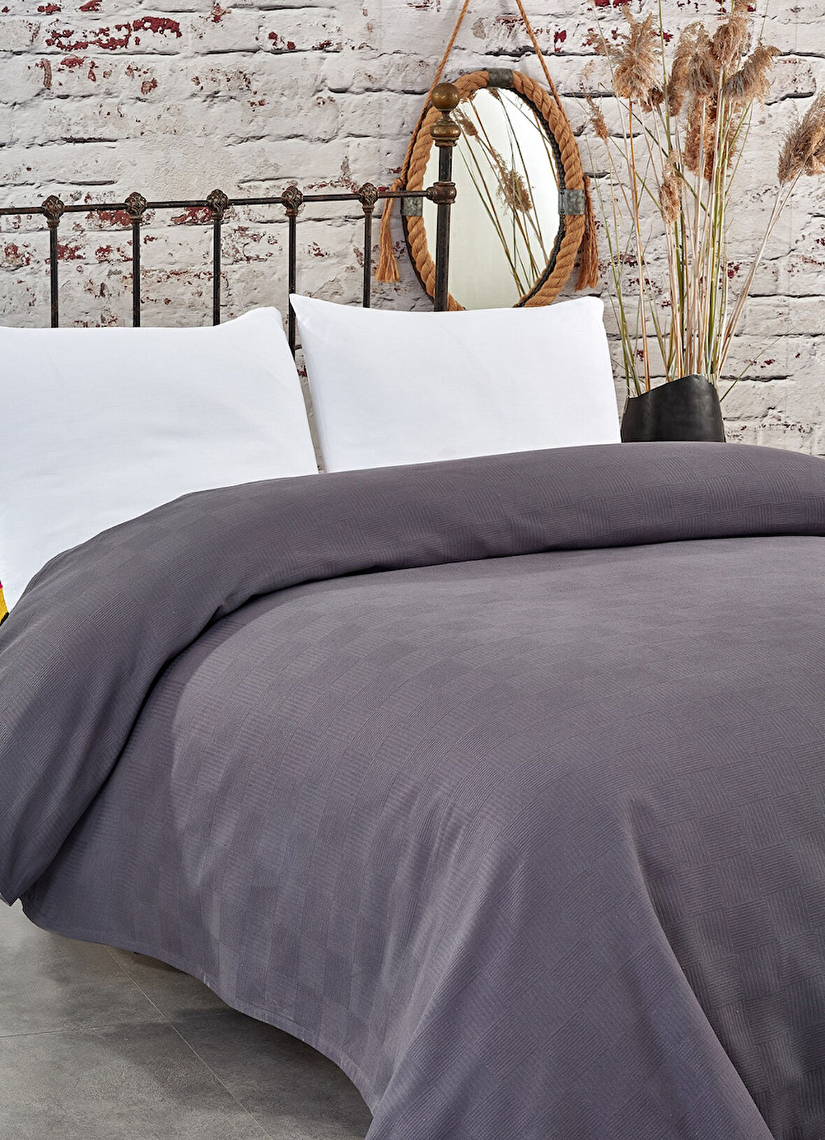 Komfort Home Çift Kişilik Dama Desen %100 Pamuk Pike / Antrasit
