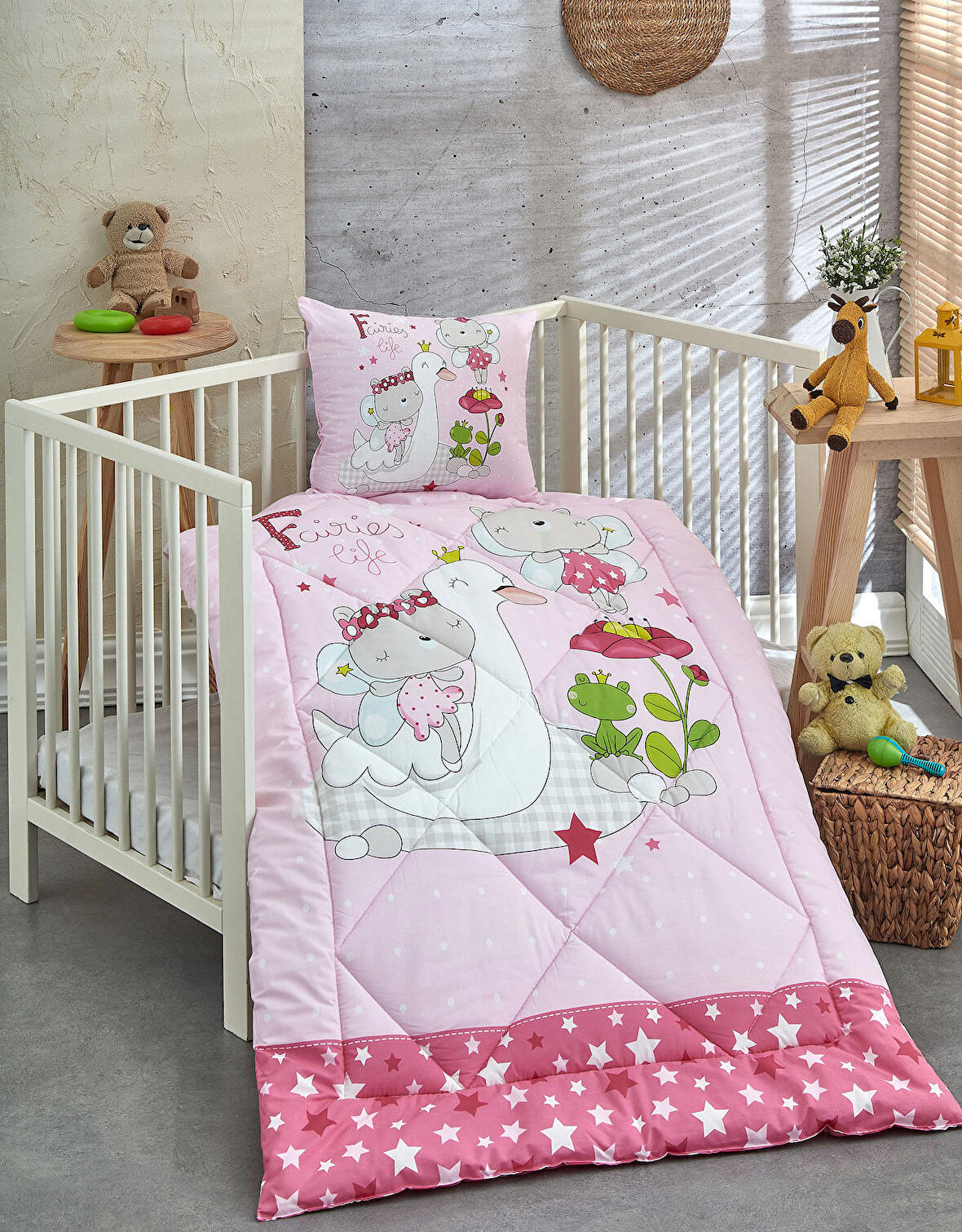 Komfort Home Baskılı %100 Pamuklu Silikon Elyaf Bebek Yorganı+Yastık