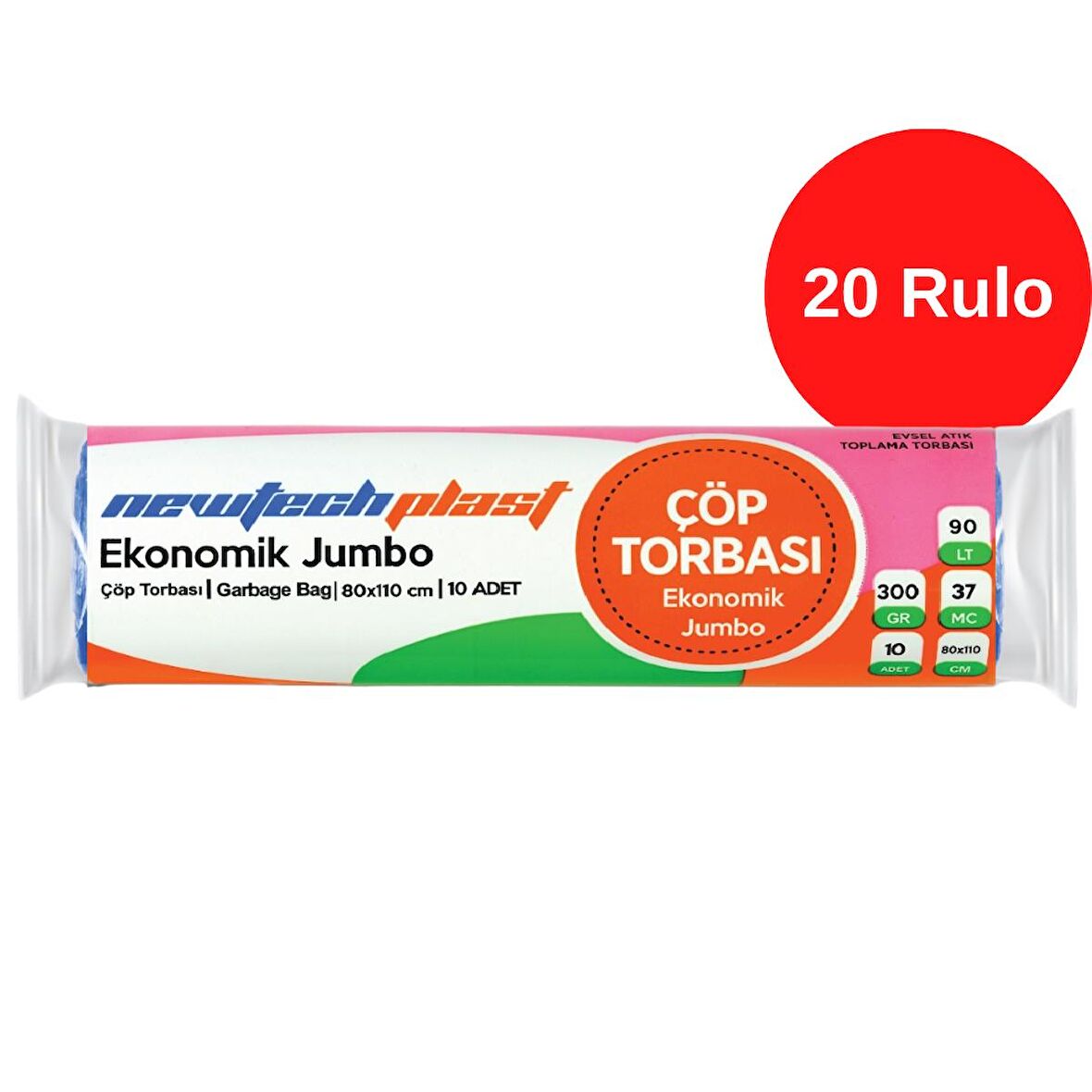 Newtechplast Jumbo Boy Çöp Torbası, Mavi, 1 Rulo 80 x 110 cm., 300 gr. x 20 Rulo