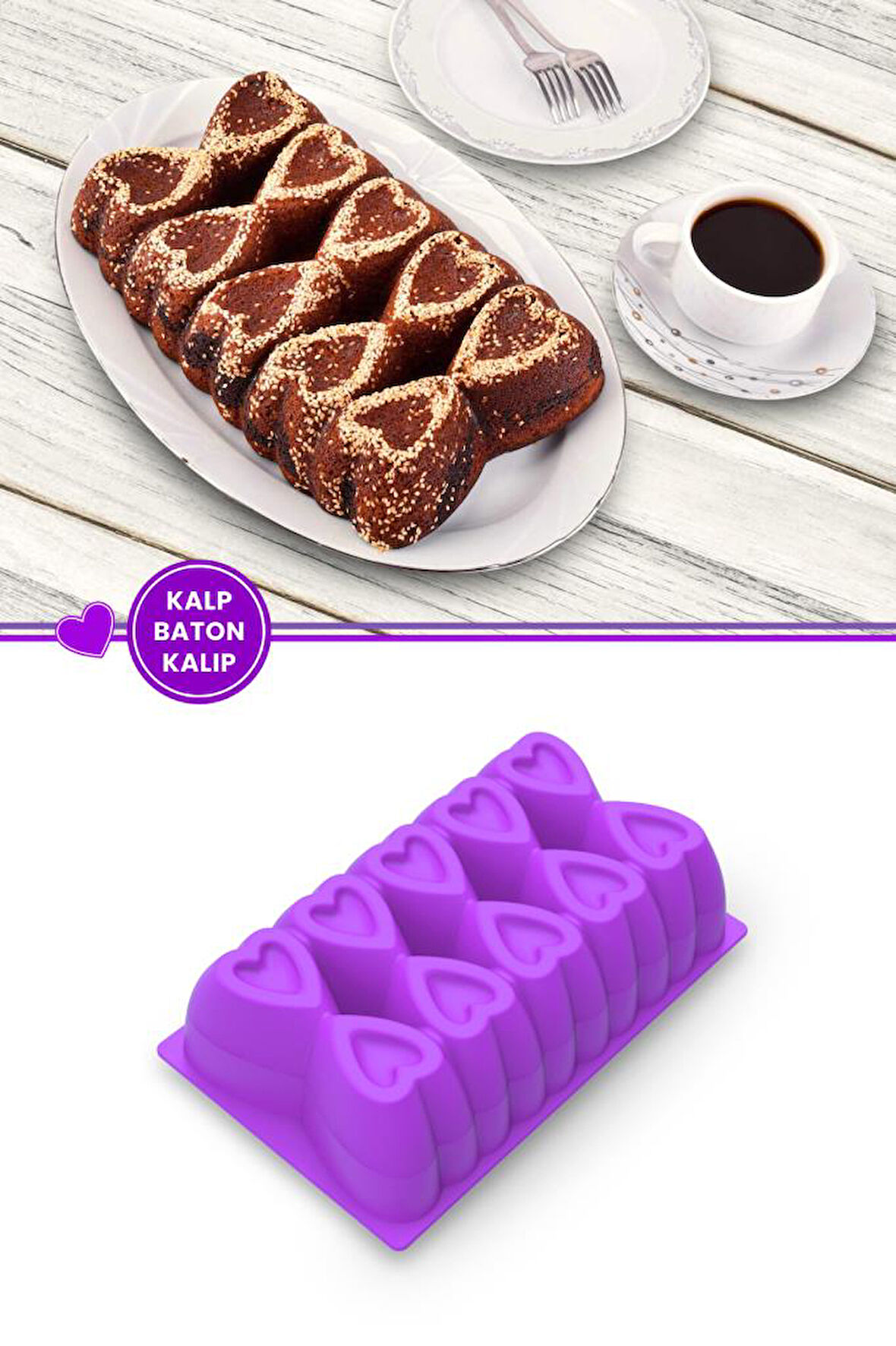 Kalp Desenli Risotto Silikon Baton Kek Kalıbı 26x16 cm