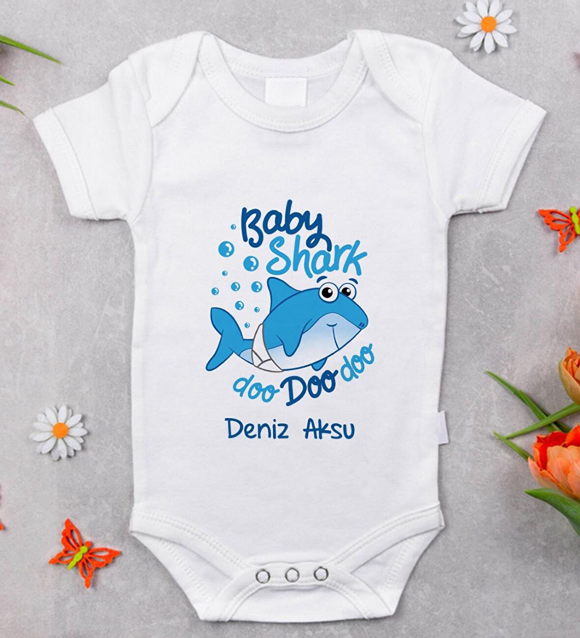 BK Kids İsimli Baby Shark Tasarımlı Bebek Body Zıbın - Model 1
