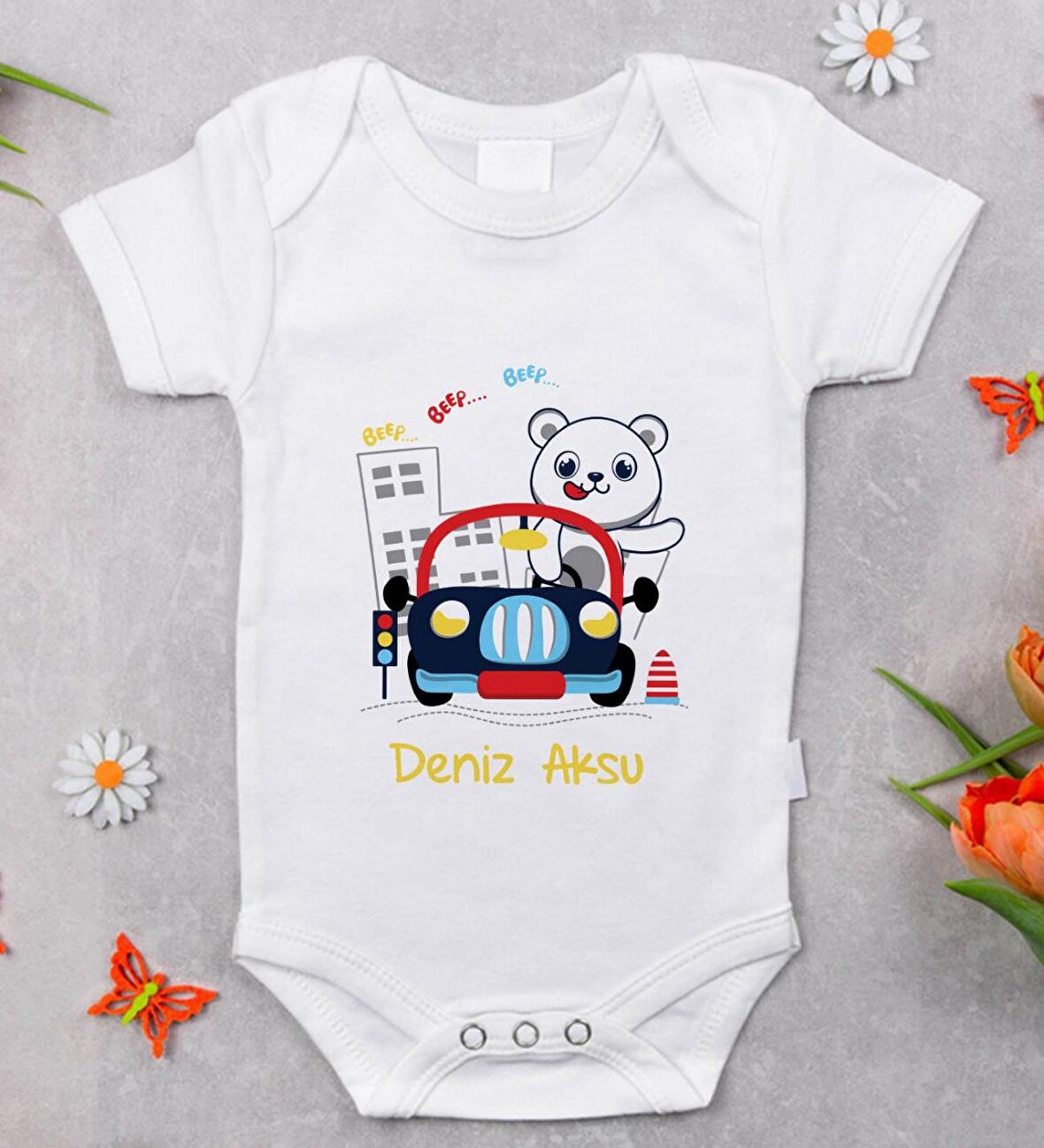 BK Kids İsimli Sevimli Sürücü Tasarımlı Bebek Body Zıbın - Model 1