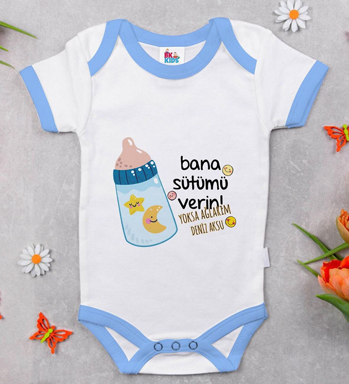 BK Kids Kişiye Özel Mavi Bebek Body Zıbın - Model 21