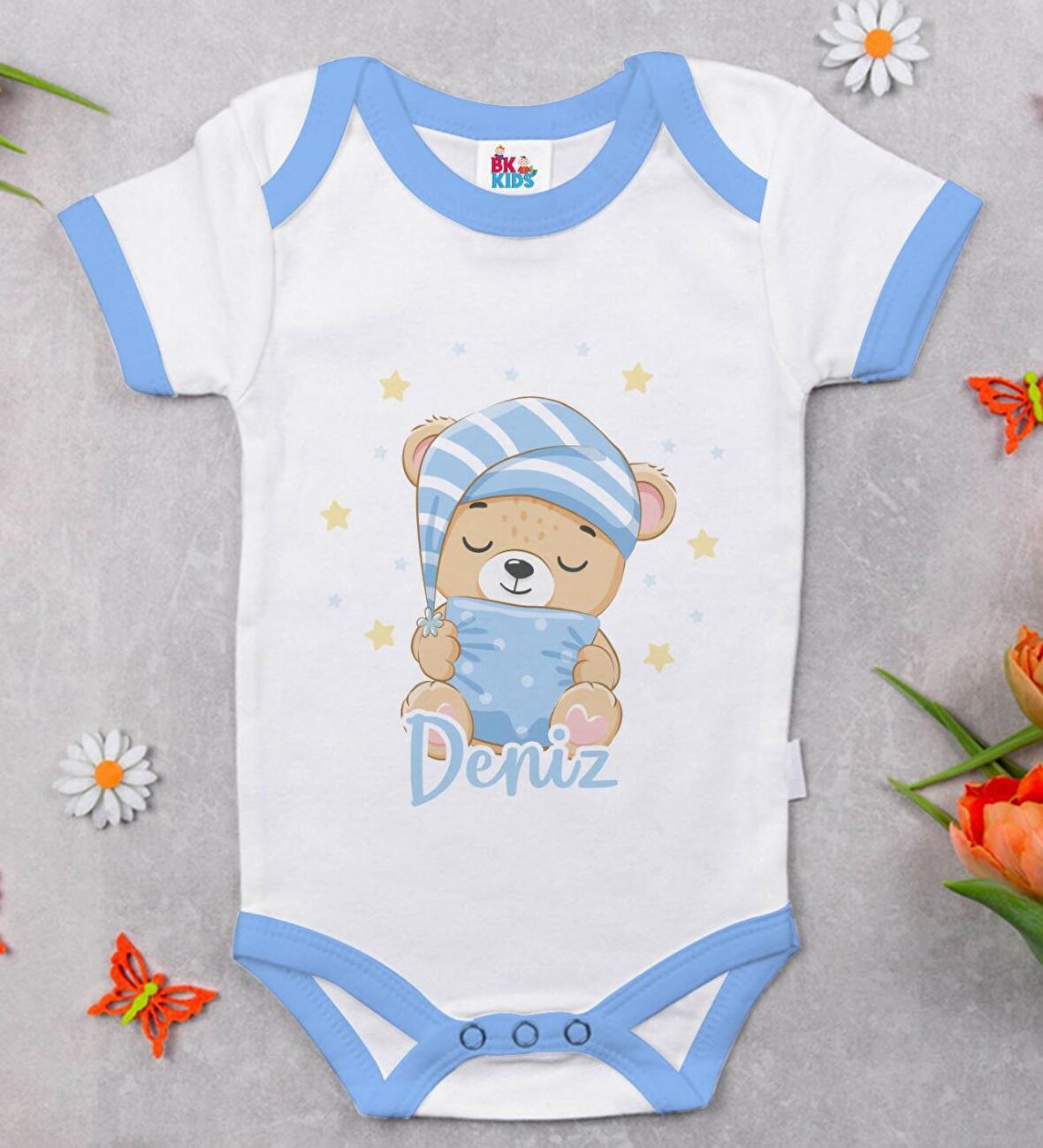 BK Kids Kişiye Özel Mavi Bebek Body Zıbın - Model 120