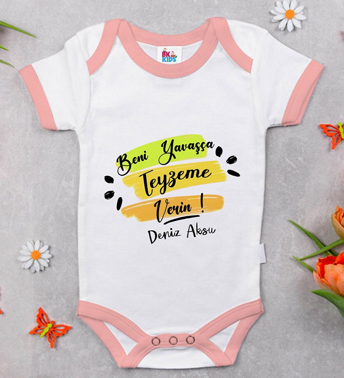 BK Kids Kişiye Özel Pembe Bebek Body Zıbın - Model 40