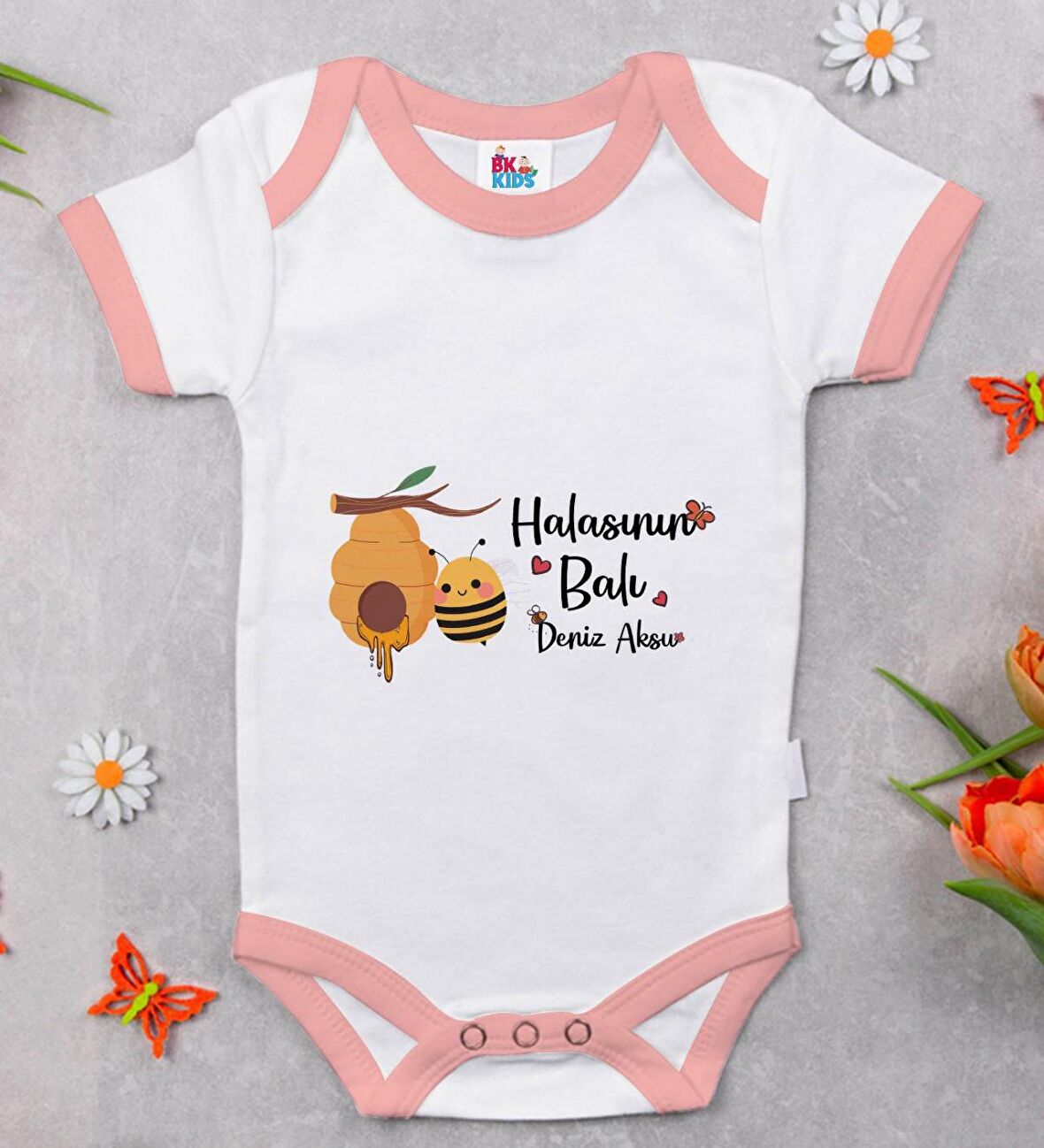 BK Kids Kişiye Özel Pembe Bebek Body Zıbın - Model 43