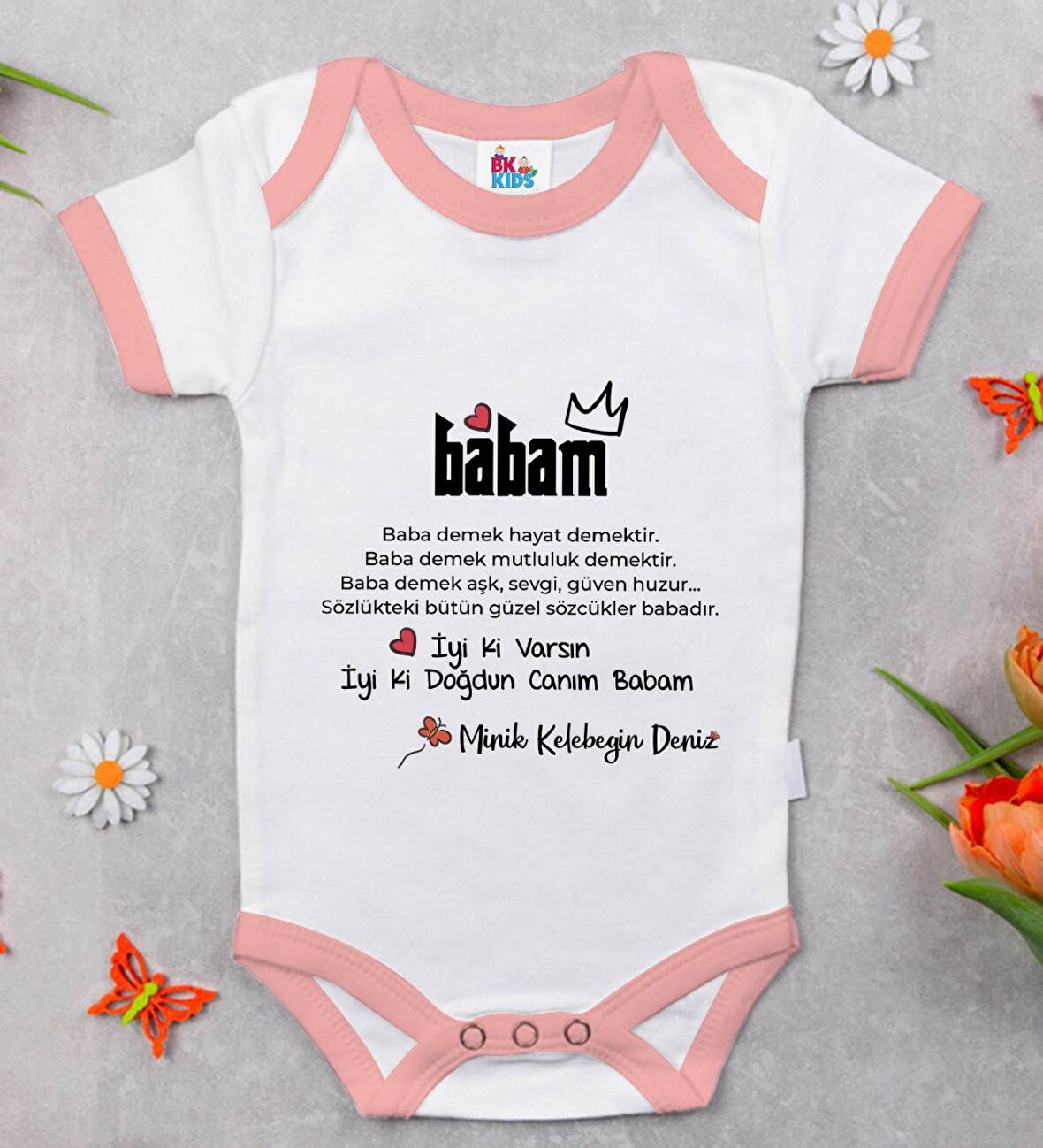 BK Kids Kişiye Özel Pembe Bebek Body Zıbın - Model 63