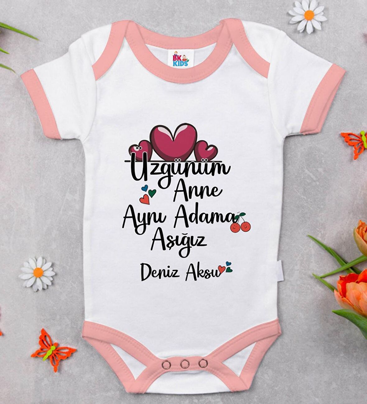 BK Kids Kişiye Özel Pembe Bebek Body Zıbın - Model 65