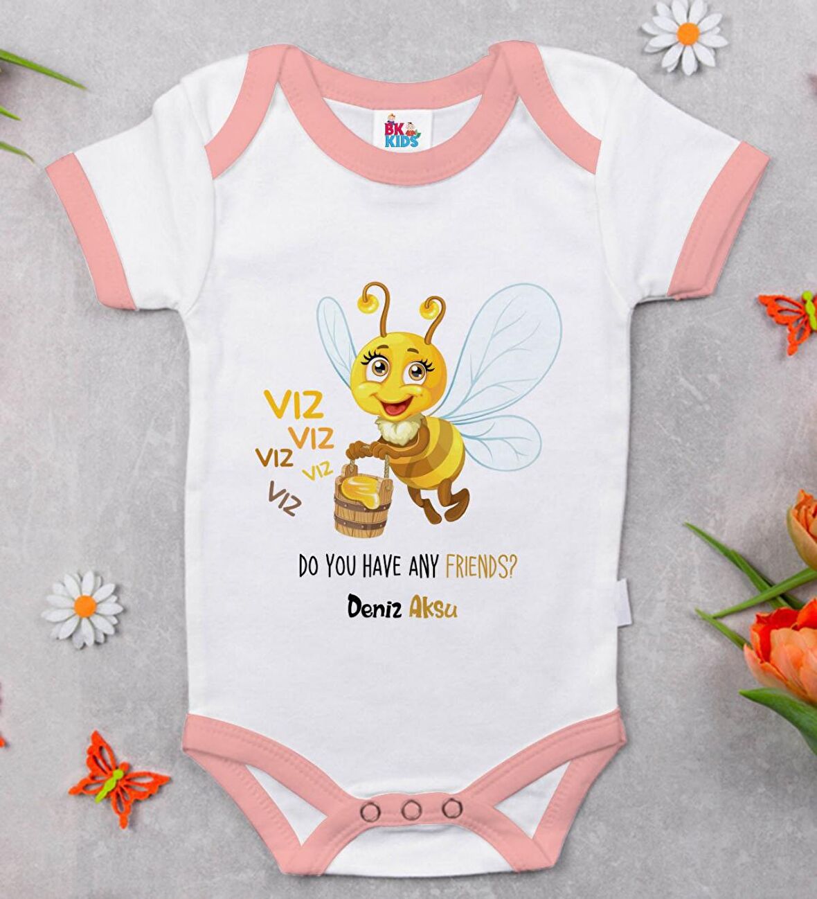 BK Kids Kişiye Özel Pembe Bebek Body Zıbın - Model 66