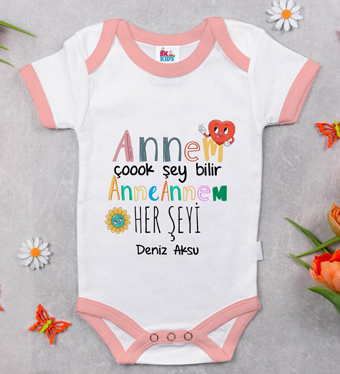 BK Kids Kişiye Özel Pembe Bebek Body Zıbın - Model 74