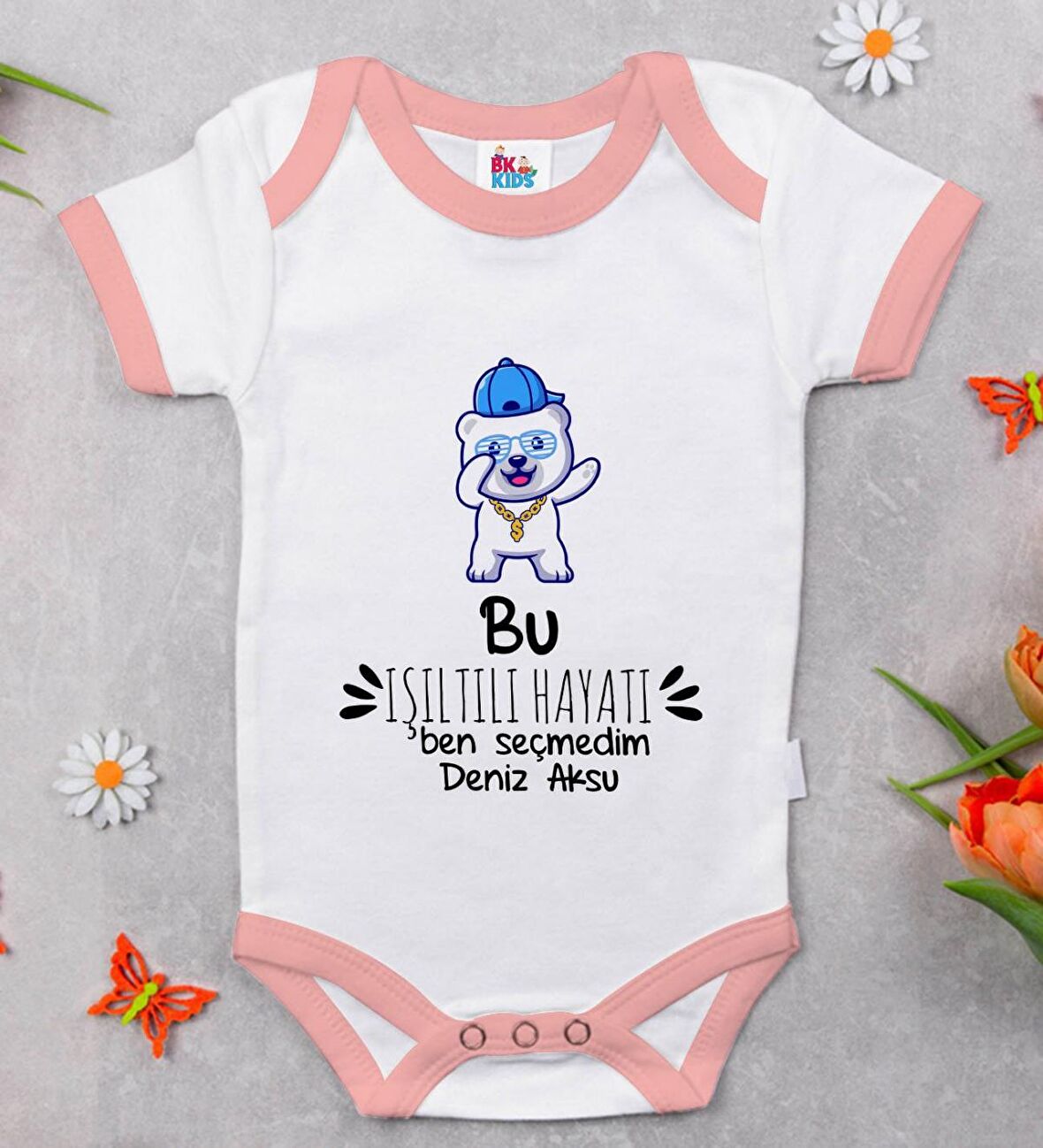 BK Kids Kişiye Özel Pembe Bebek Body Zıbın - Model 85