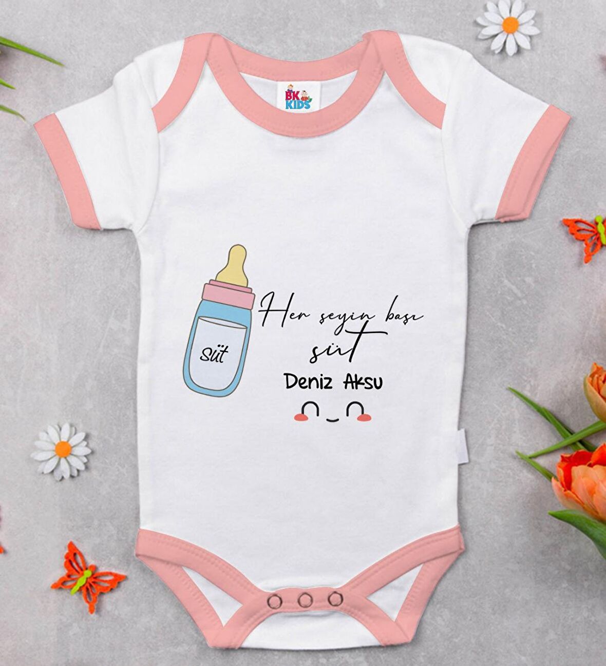 BK Kids Kişiye Özel Pembe Bebek Body Zıbın - Model 102