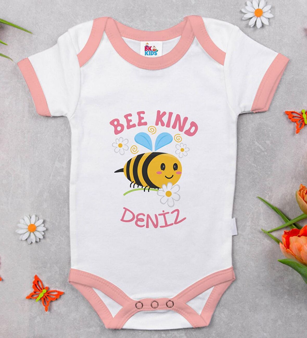 BK Kids Kişiye Özel Pembe Bebek Body Zıbın - Model 135