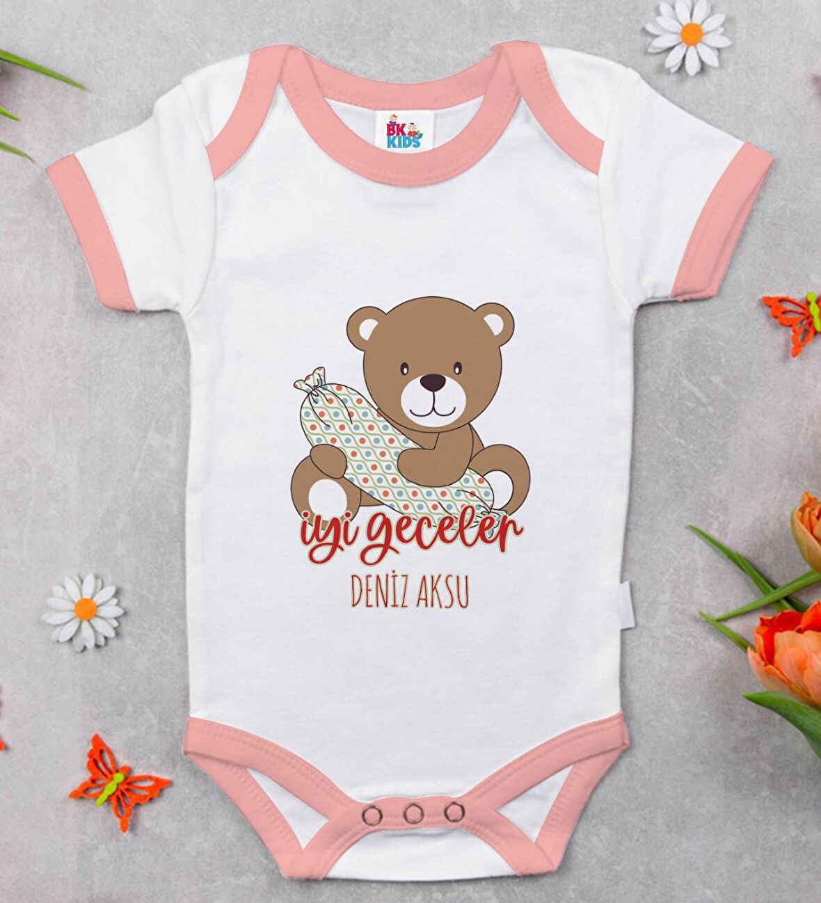 BK Kids Kişiye Özel Pembe Bebek Body Zıbın - Model 136