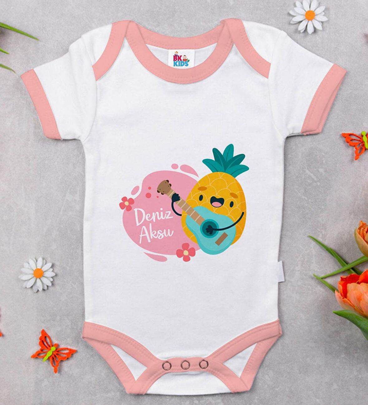 BK Kids Kişiye Özel Pembe Bebek Body Zıbın - Model 195