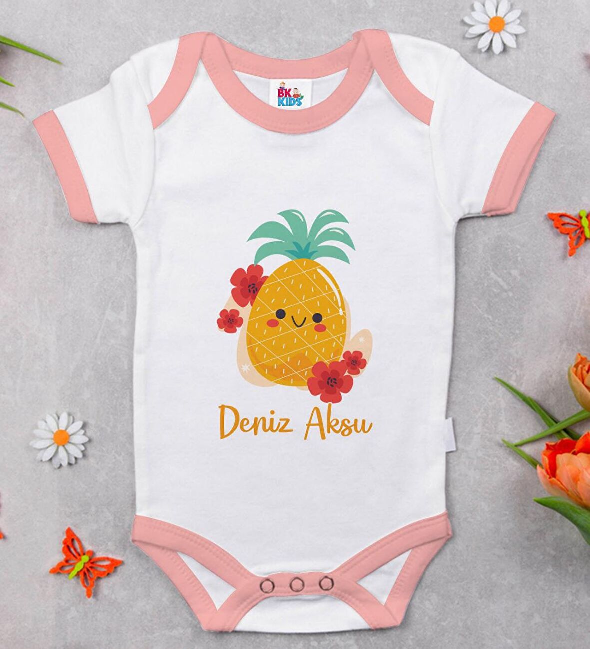 BK Kids Kişiye Özel Pembe Bebek Body Zıbın - Model 196