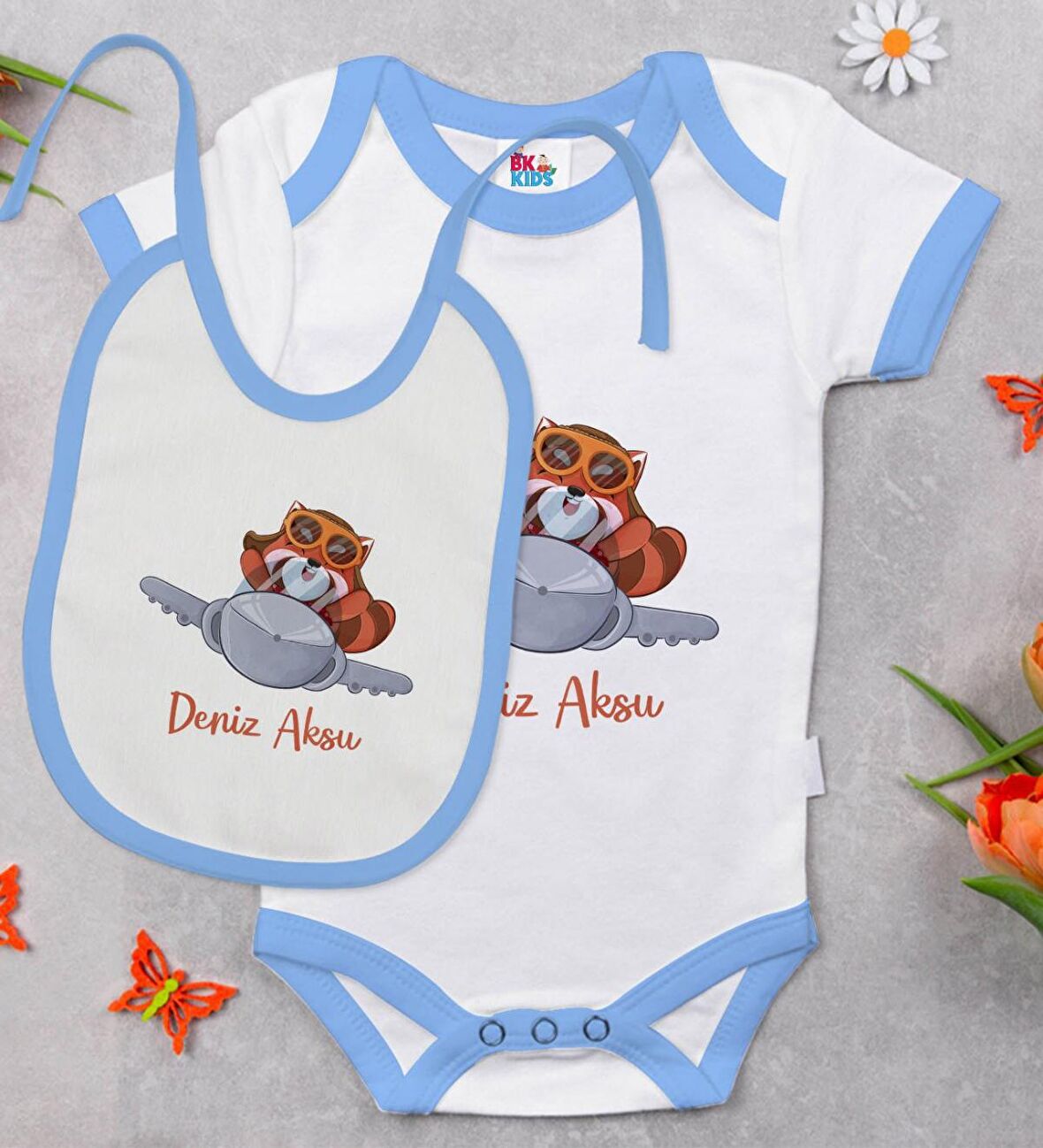 BK Kids Kişiye Özel Sevimli Pilot Tasarımlı Mavi Bebek Body Zıbın ve Mama Önlüğü Hediye Seti