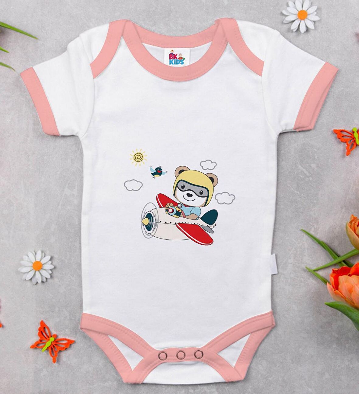 BK Kids Sevimli Pilot Tasarımlı Pembe Bebek Body Zıbın-1