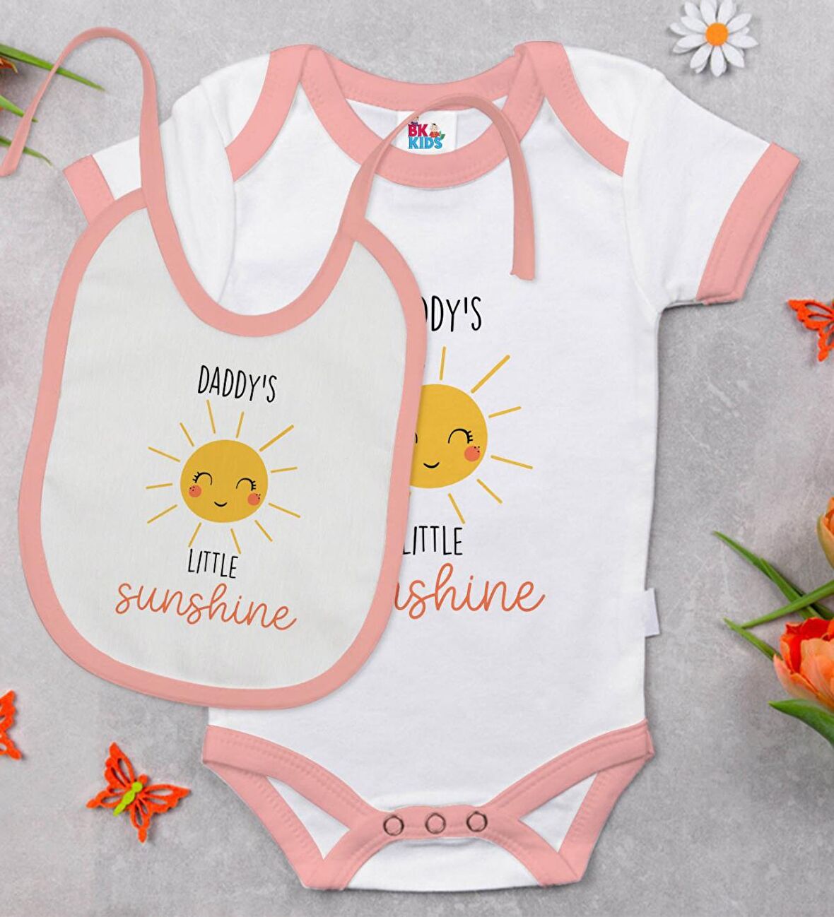 BK Kids Little Sunshine Tasarımlı Pembe Bebek Body Zıbın ve Mama Önlüğü Hediye Seti-1