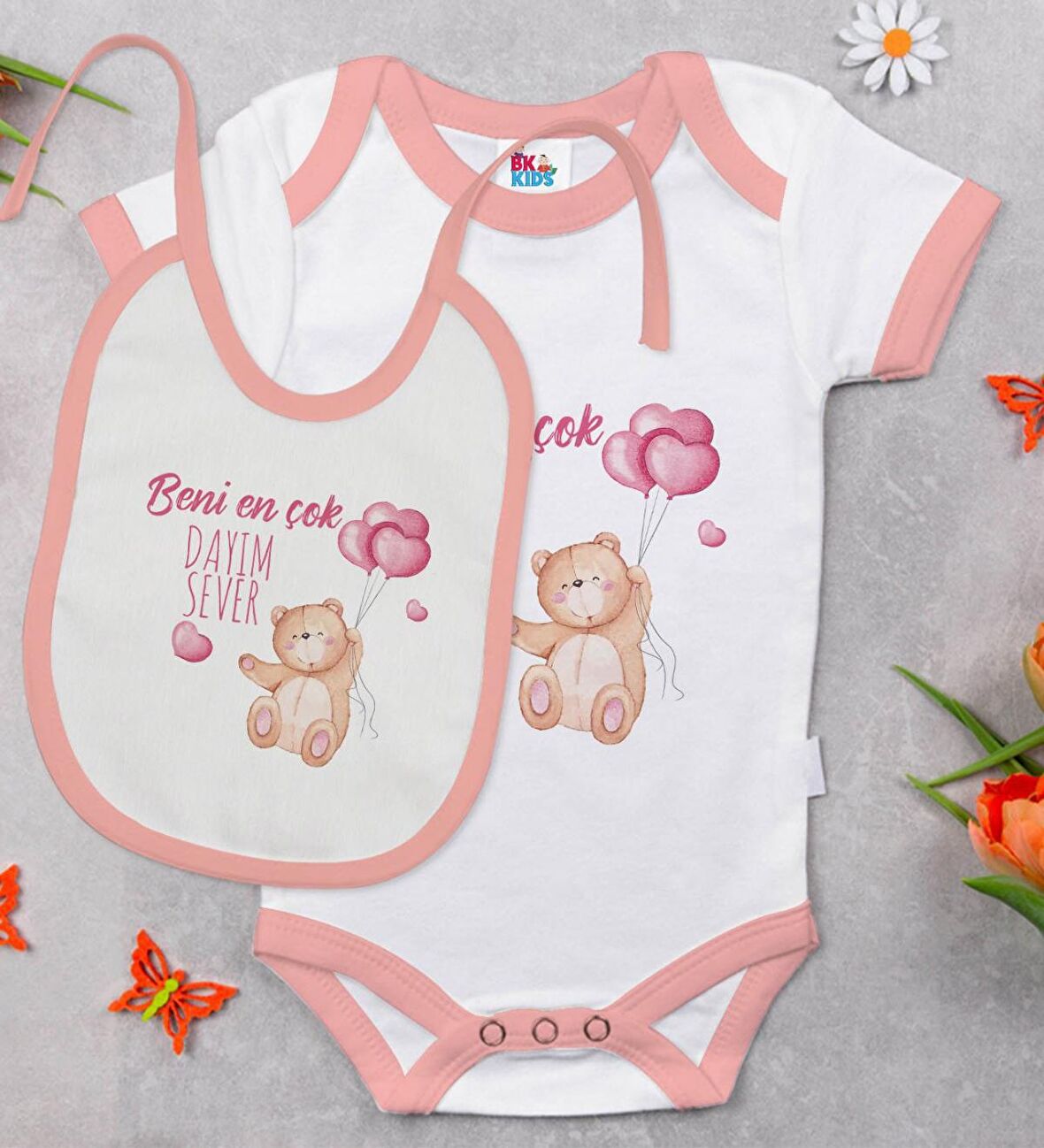 BK Kids Beni En Çok Dayım Sever Tasarımlı Pembe Bebek Body Zıbın ve Mama Önlüğü Hediye Seti-1