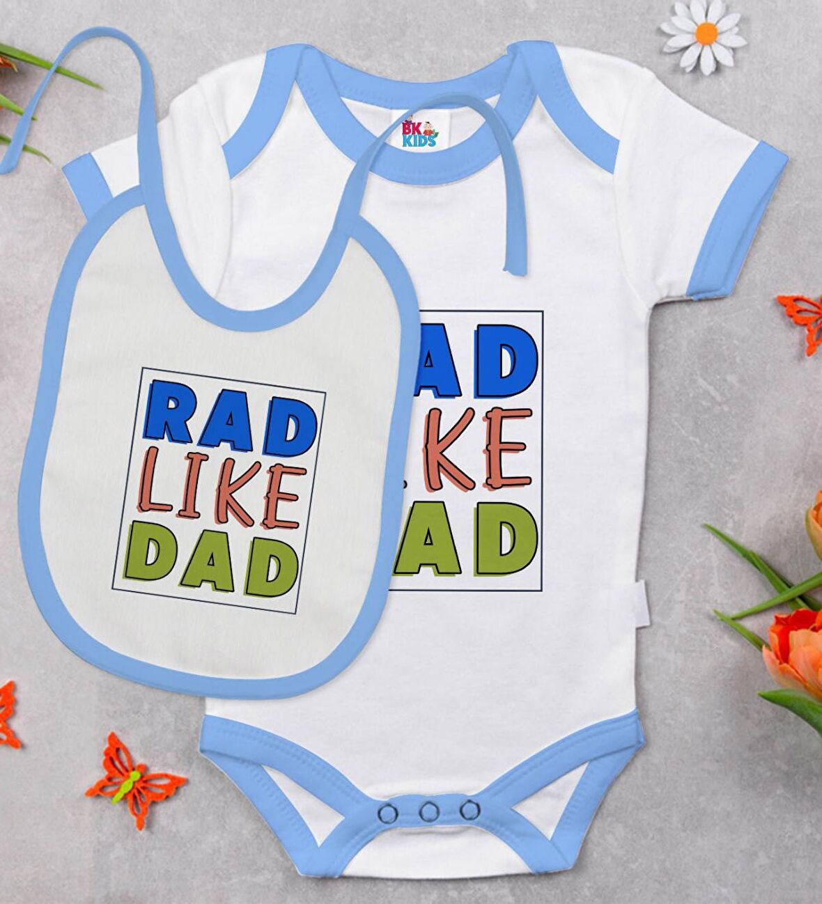 BK Kids Rad Like Dad Tasarımlı Mavi Bebek Body Zıbın ve Mama Önlüğü Hediye Seti-1