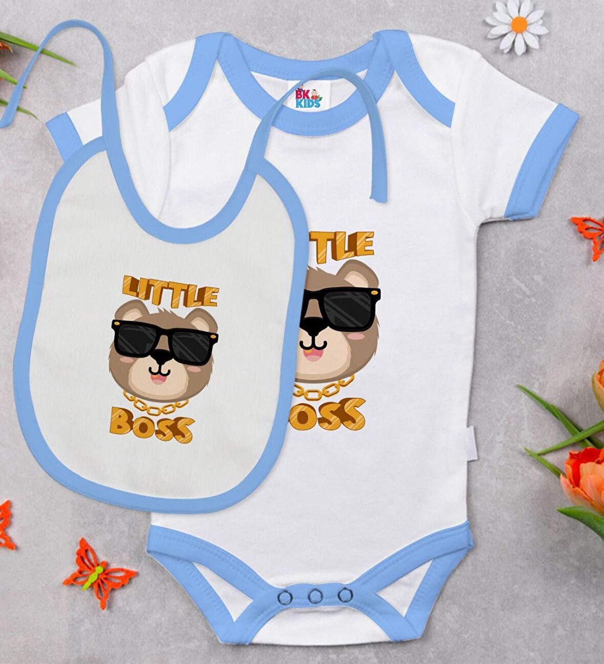 BK Kids Little Boss Tasarımlı Mavi Bebek Body Zıbın ve Mama Önlüğü Hediye Seti-1