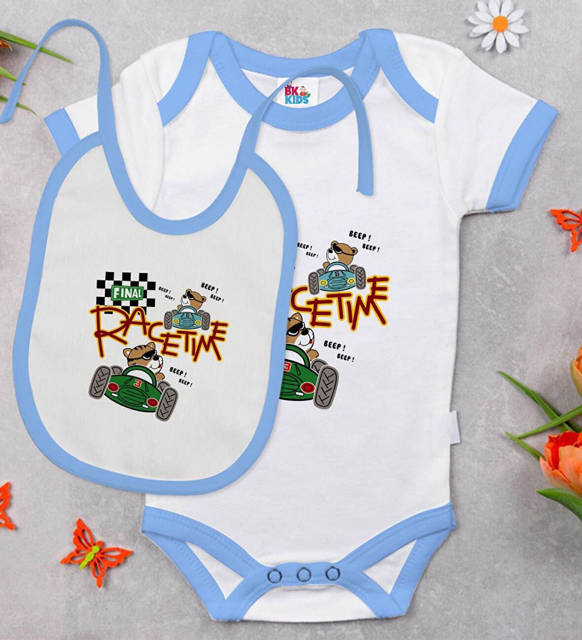 BK Kids Race Time Tasarımlı Mavi Bebek Body Zıbın ve Mama Önlüğü Hediye Seti-1