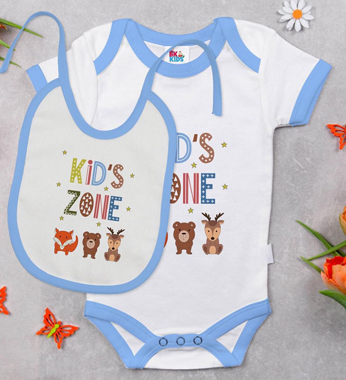 BK Kids Kids Zone Tasarımlı Mavi Bebek Body Zıbın ve Mama Önlüğü Hediye Seti-1