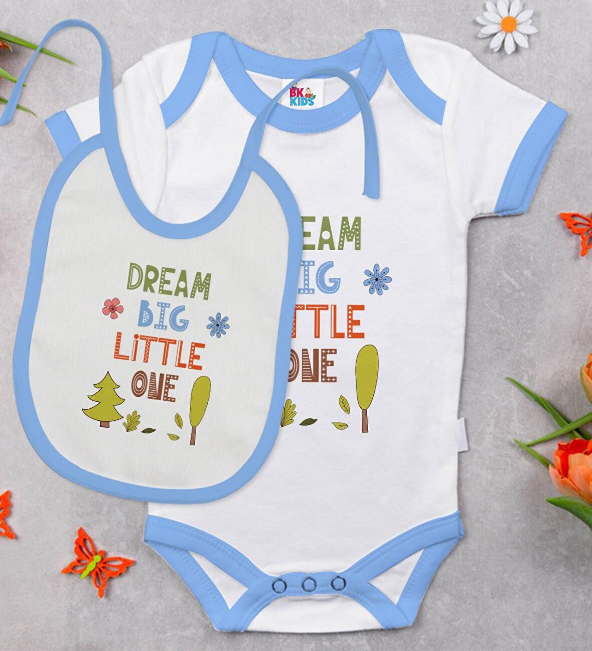 BK Kids Dream Big Little One Tasarımlı Mavi Bebek Body Zıbın ve Mama Önlüğü Hediye Seti-1
