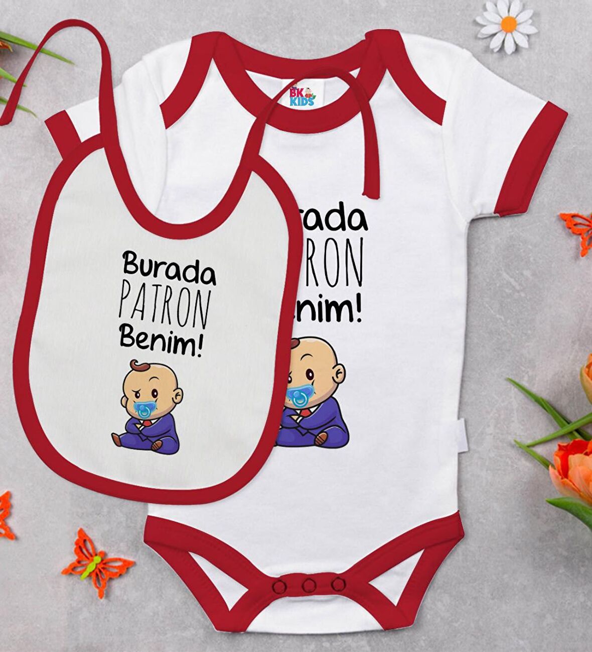 BK Kids Burada Patron Benim Tasarımlı Kırmızı Bebek Body Zıbın ve Mama Önlüğü Hediye Seti-1