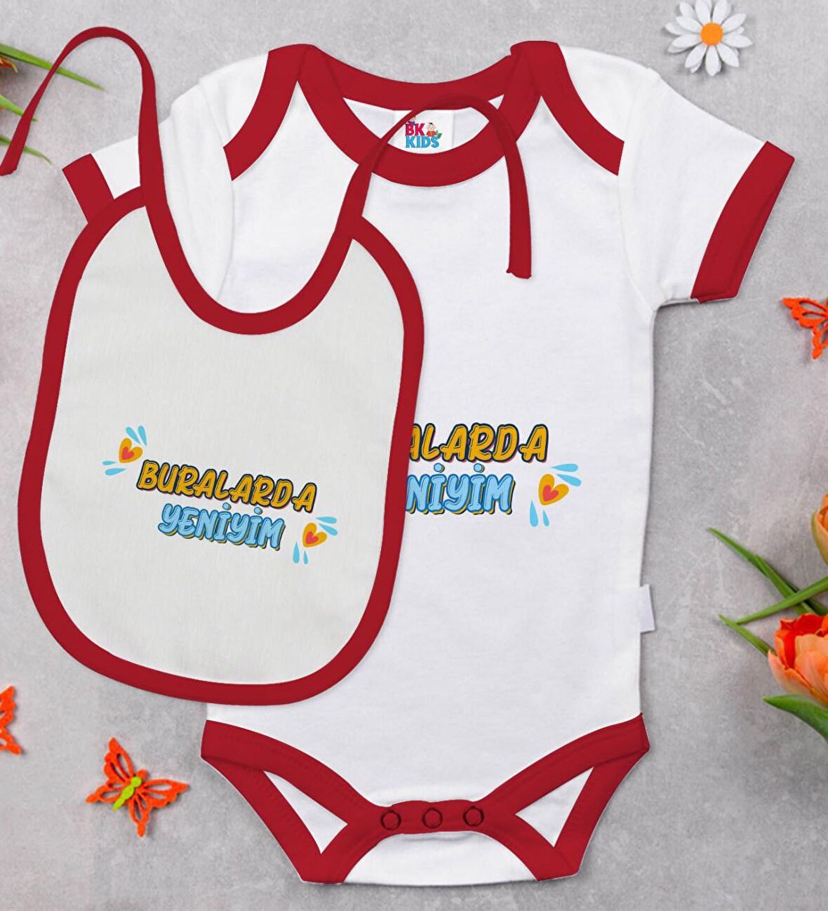 BK Kids Buralarda Yeniyim Tasarımlı Kırmızı Bebek Body Zıbın ve Mama Önlüğü Hediye Seti-1