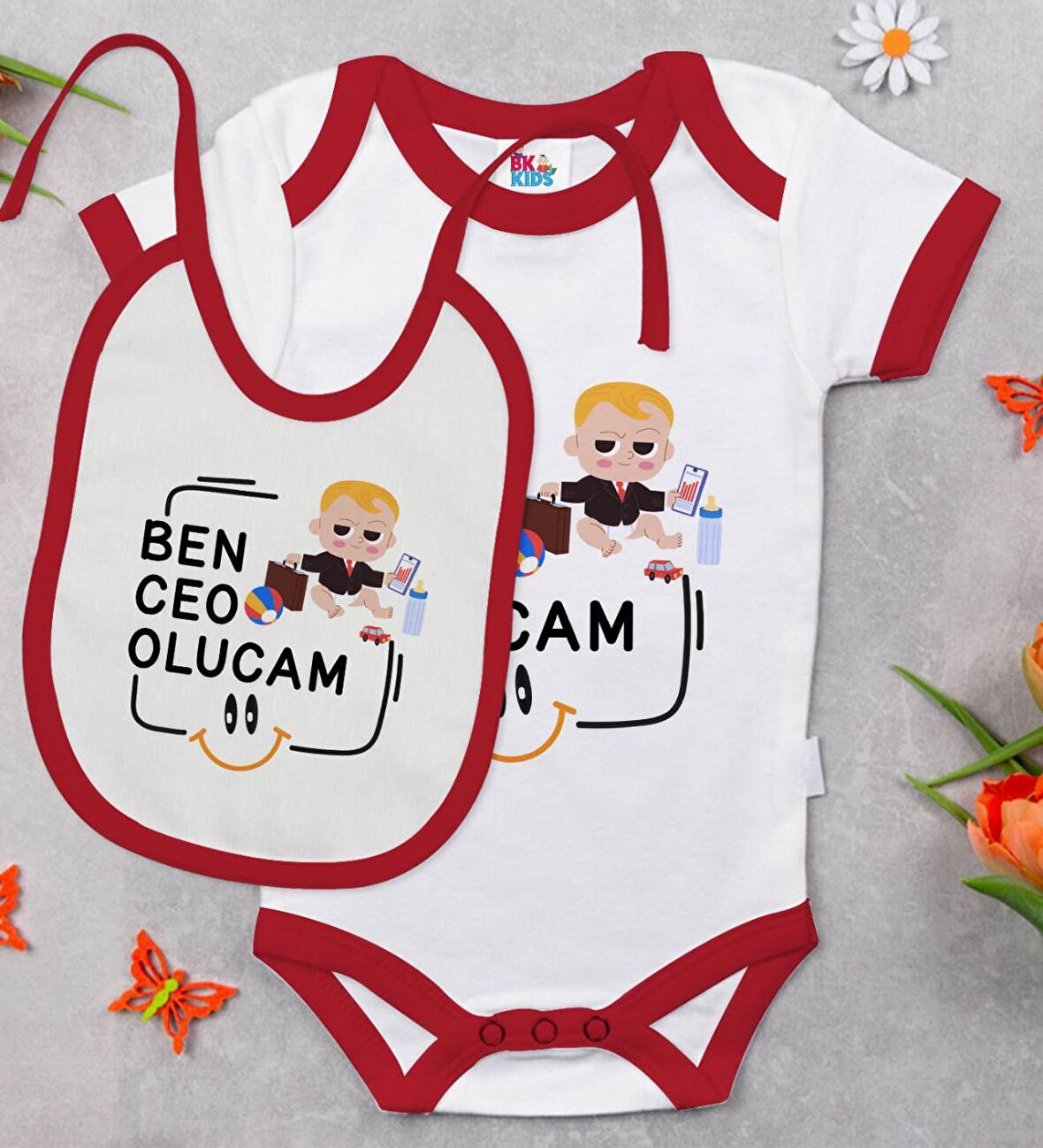 BK Kids Ceo Olucam Tasarımlı Kırmızı Bebek Body Zıbın ve Mama Önlüğü Hediye Seti-1
