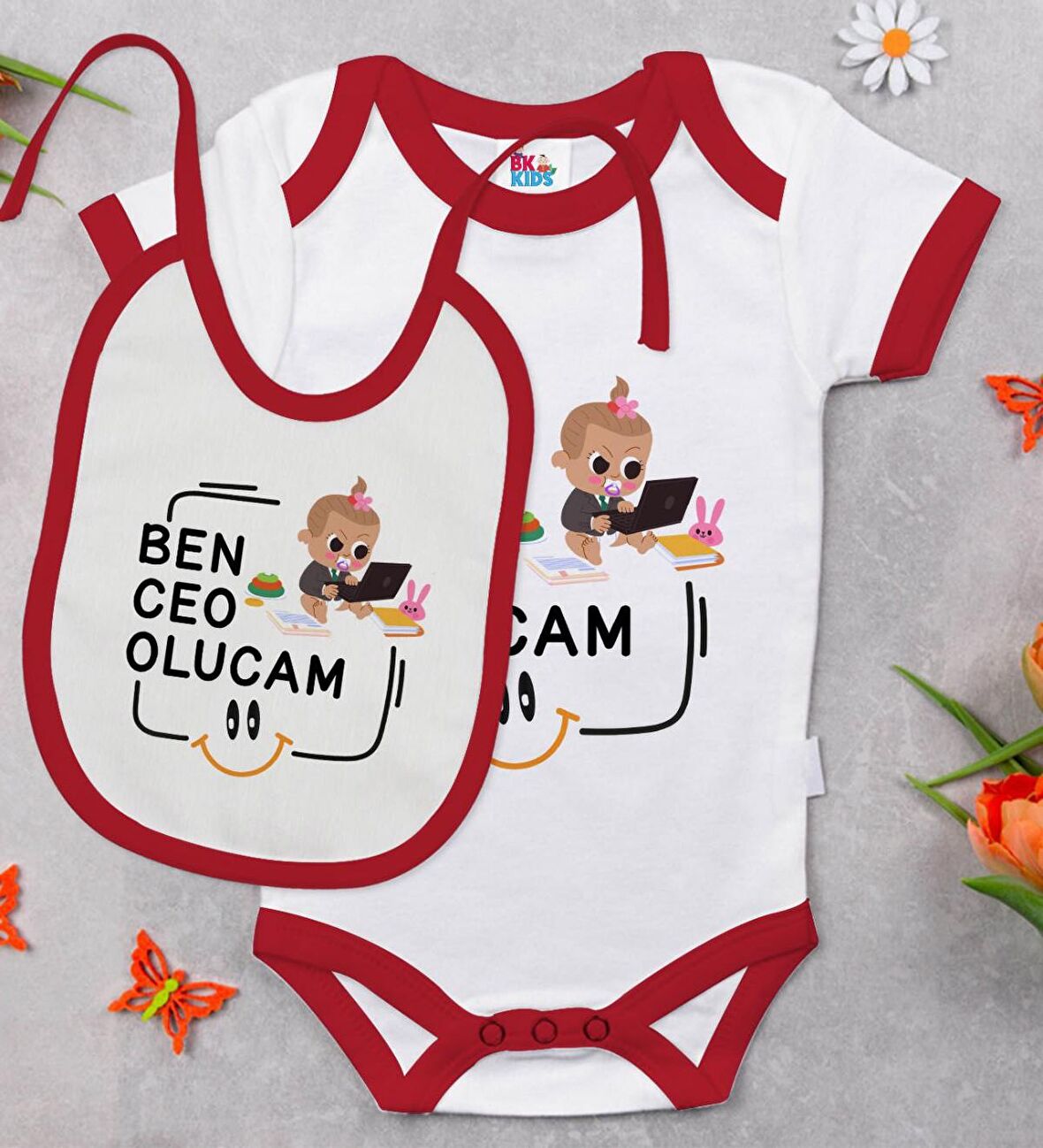 BK Kids Ceo Olucam Tasarımlı Kırmızı Bebek Body Zıbın ve Mama Önlüğü Hediye Seti-2
