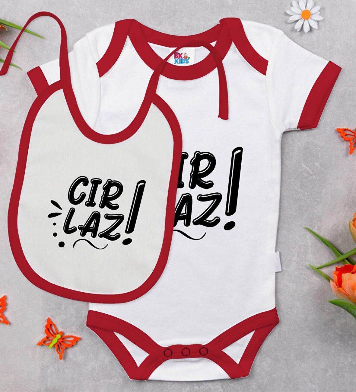 BK Kids Cırlaz Tasarımlı Kırmızı Bebek Body Zıbın ve Mama Önlüğü Hediye Seti-2