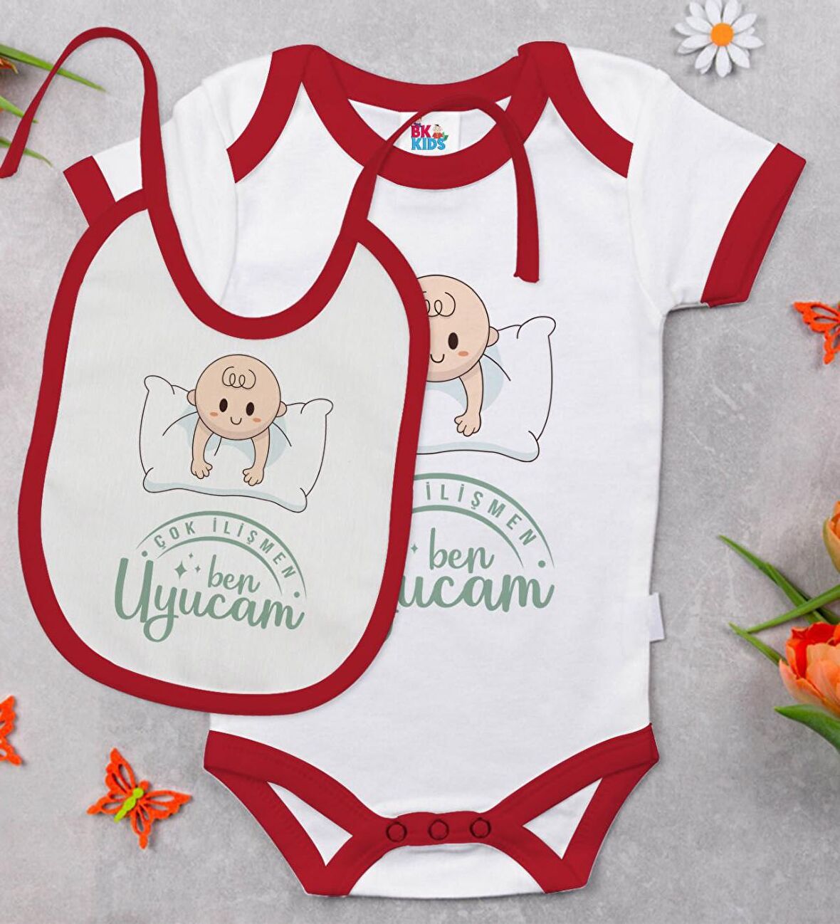 BK Kids Çok İlişmen Tasarımlı Kırmızı Bebek Body Zıbın ve Mama Önlüğü Hediye Seti-1